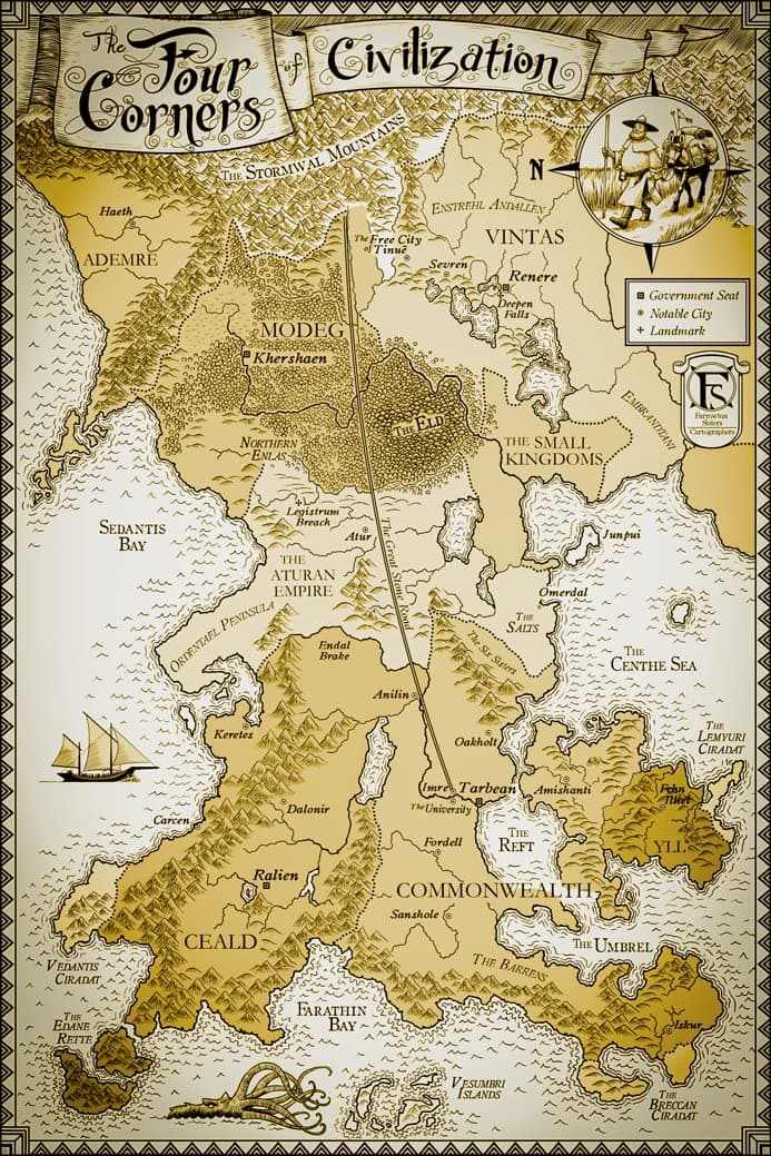 Best Print Store - Kingkiller Chronicles - The Four Corners of Civilization Map, Poster (13x19 inches)