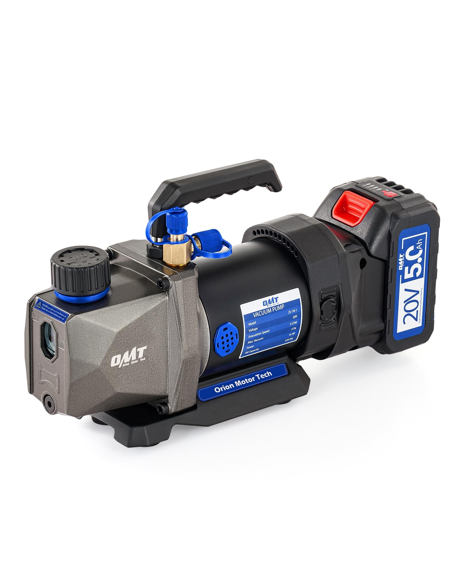 Orion Motor Tech Cordless Lithium-Ion HVAC Vacuum Pump, 3 cfm Vacuum Pump, Battery-Powered Auto AC Vacuum Pump for R134a R410a R1234yf Systems, 1/4hp Single Stage Vacuum Pump Automotive