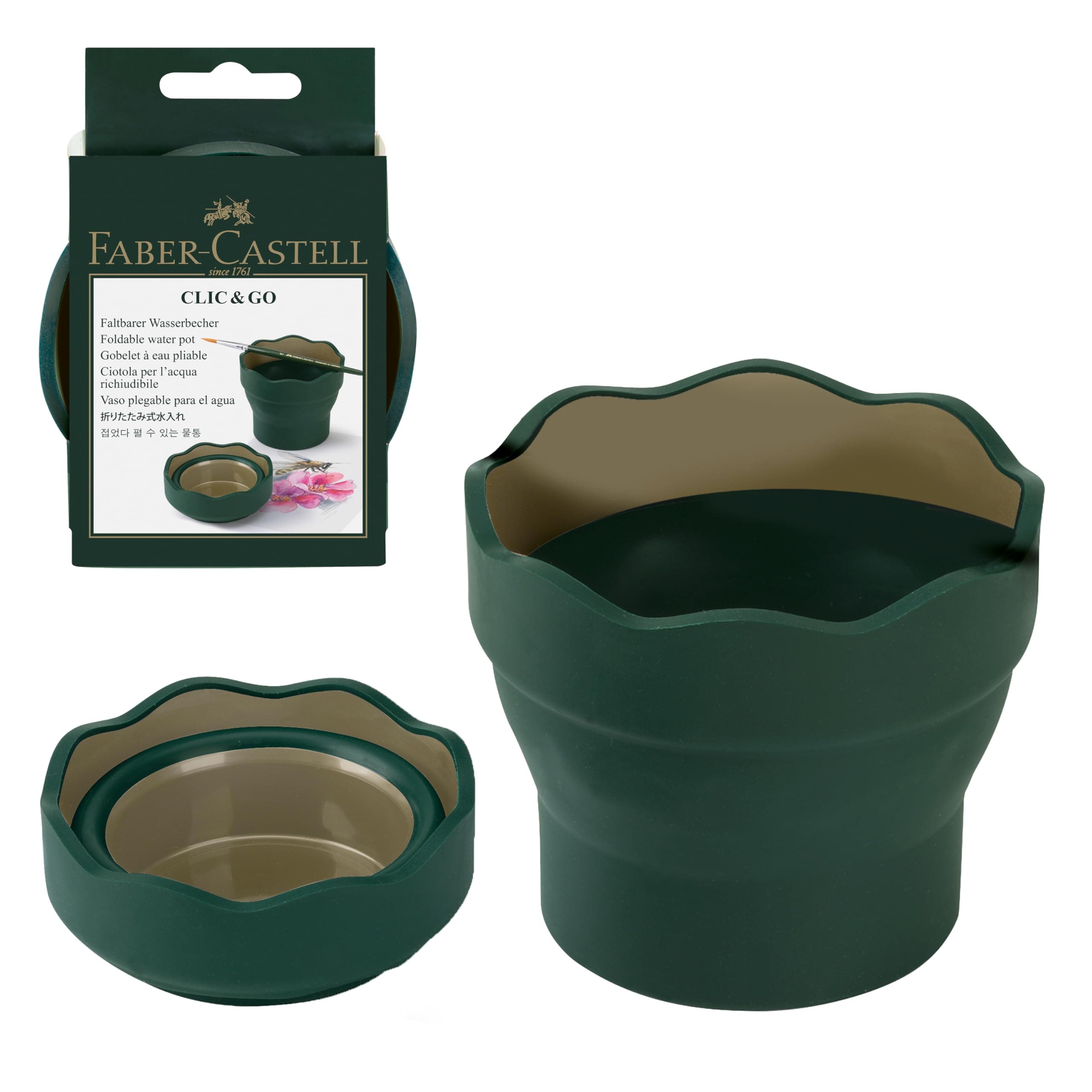 Faber-Castell Clic & Go Artist Water Cup, Dark Green - Travel-Friendly Collapsible Brush Cleaner Tool with Brush Stand, Scalloped Rim, Non-Slip Base, Portable Palette & Rinser