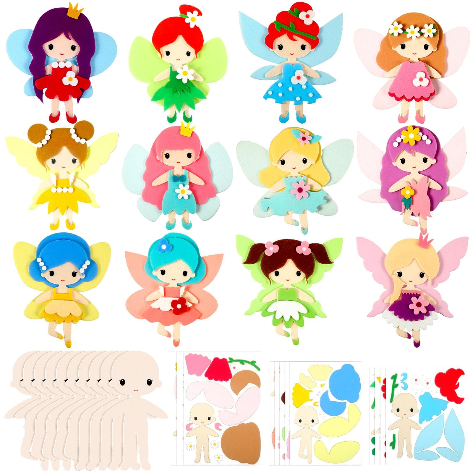 Geetery 24 Pcs DIY Fairy Art Crafts Kit Creative Make Your Own Fairy Felt 3D Sticker Puzzle for Kids Toddler Girls Activity Game Birthday Gifts Party Decoration
