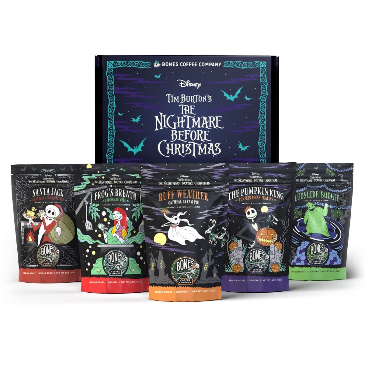 The Nightmare Before Christmas Collector's Box 5 Flavored Coffee Low Acid Medium Roast Arabica Beans Specialty Coffee Gifts For Auto Drip and French Press, 4 oz Pack of 5 Ground