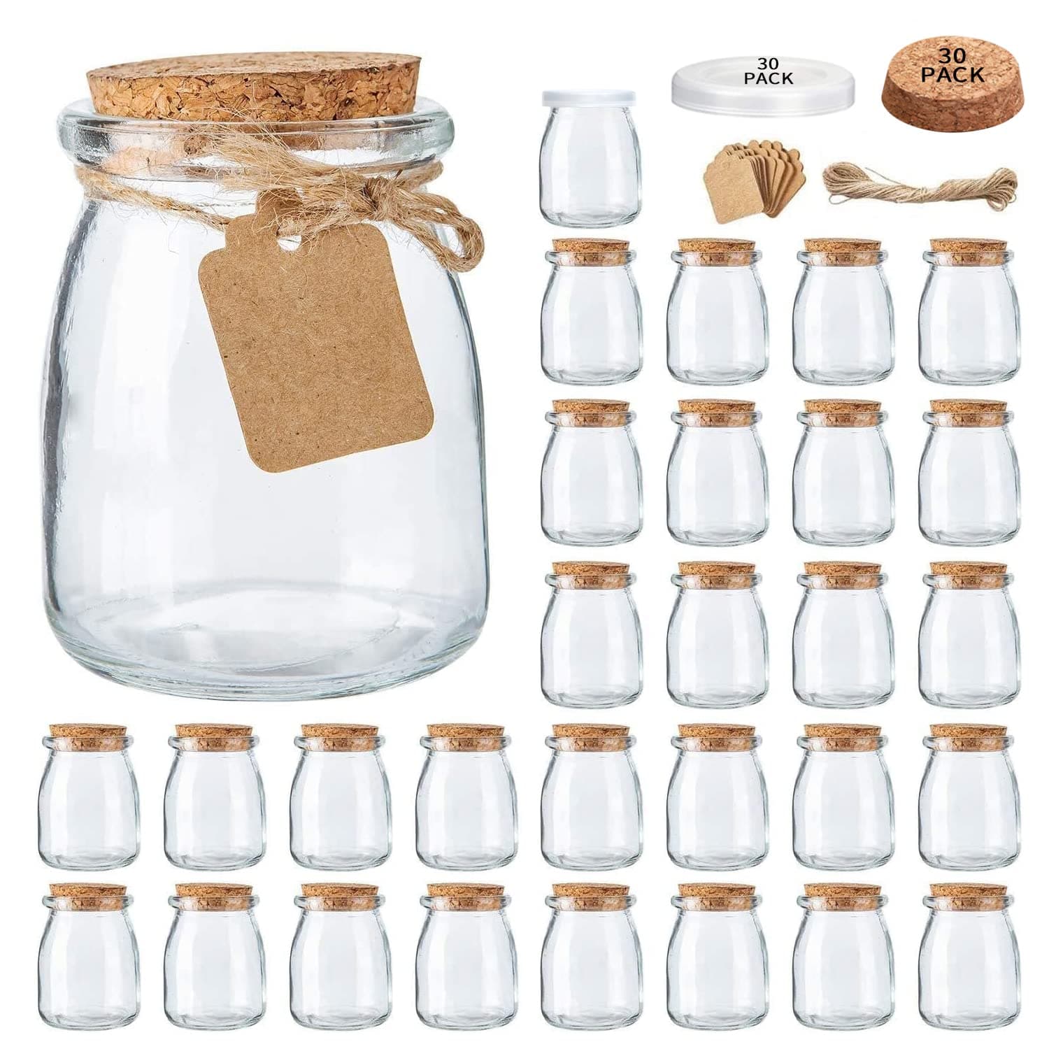Brajttt Mini Yogurt Jars 30 Pack, 7 oz Glass Favor Jars with Cork Lids, Pudding Containers with Lids, Mason Jar Wedding Favors Honey Pot with Label Tags and String