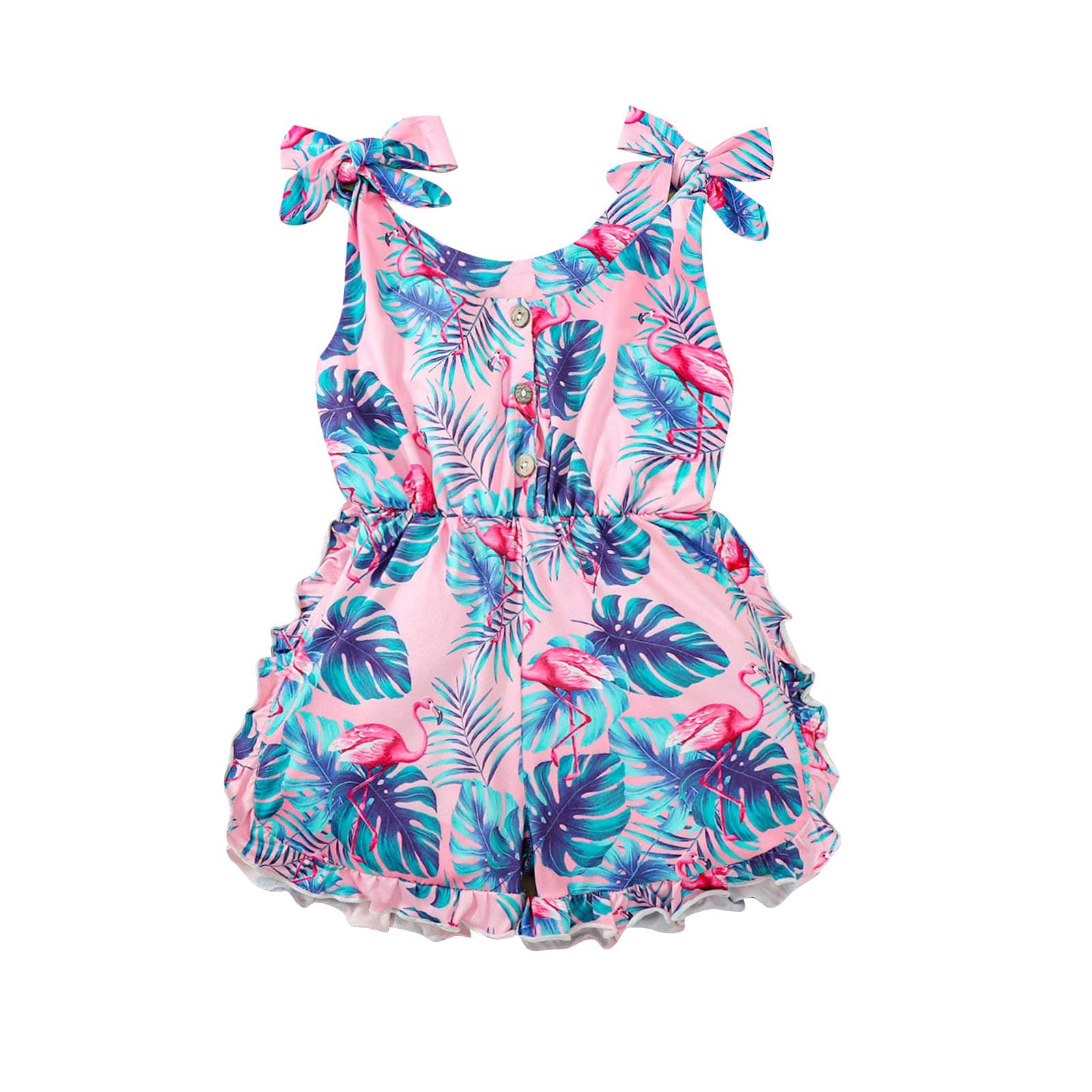 Thorn Tree Girl's Sleeveless Jumpsuit Bowknot Strap Button Closure Flamingo Romper Toddler Girls Clothes