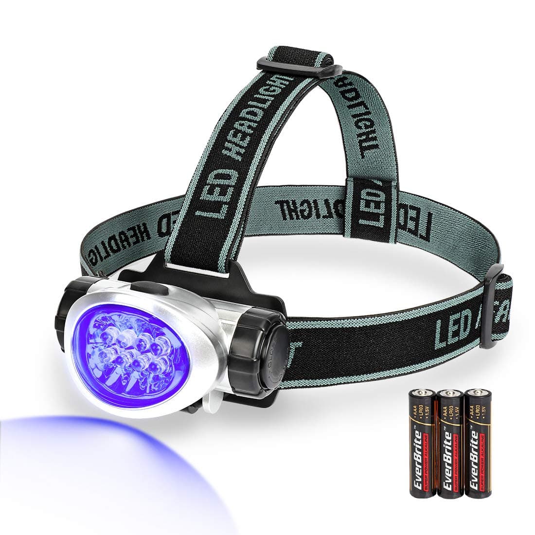 EverBrite Black Light Headlamp UV Blacklight for Spot Scorpions, Pet Urine and Stain Detection, 4 Modes 395-400nm Purple Light with Adjustable Headband, 3 Batteries Included
