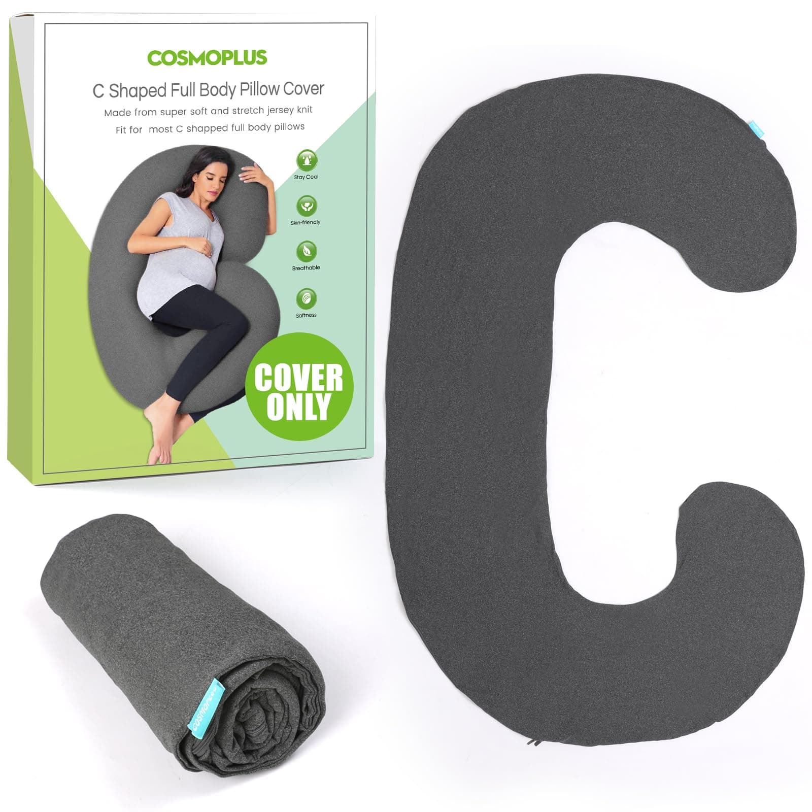 COSMOPLUS ππ«ππ π§ππ§ππ² ππ’π₯π₯π¨π° ππ¨π―ππ« C Shaped Full Body Pillow Case ππ¨π―ππ« for Maternity,Stretchy Cool Breathable Jersey Fabric,Provides Sleep and Pregnancy Support,Heather Grey