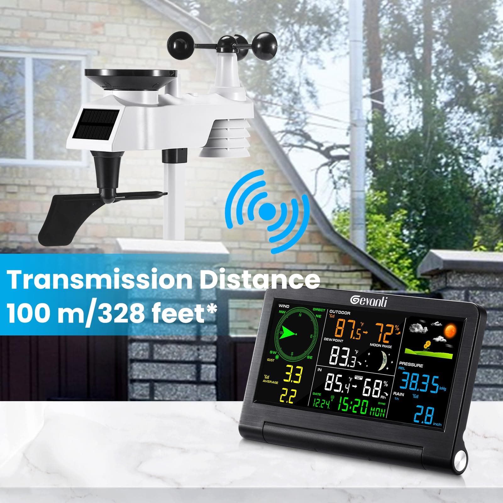 Weather Station Wireless Indoor Outdoor with 5-in-1 Sensor & LCD Display, Weather Station with Rain Gauge and Wind Speed/Direction, Moon Phase, Forcast, Temperature, Pressure, Humidity, Alarm