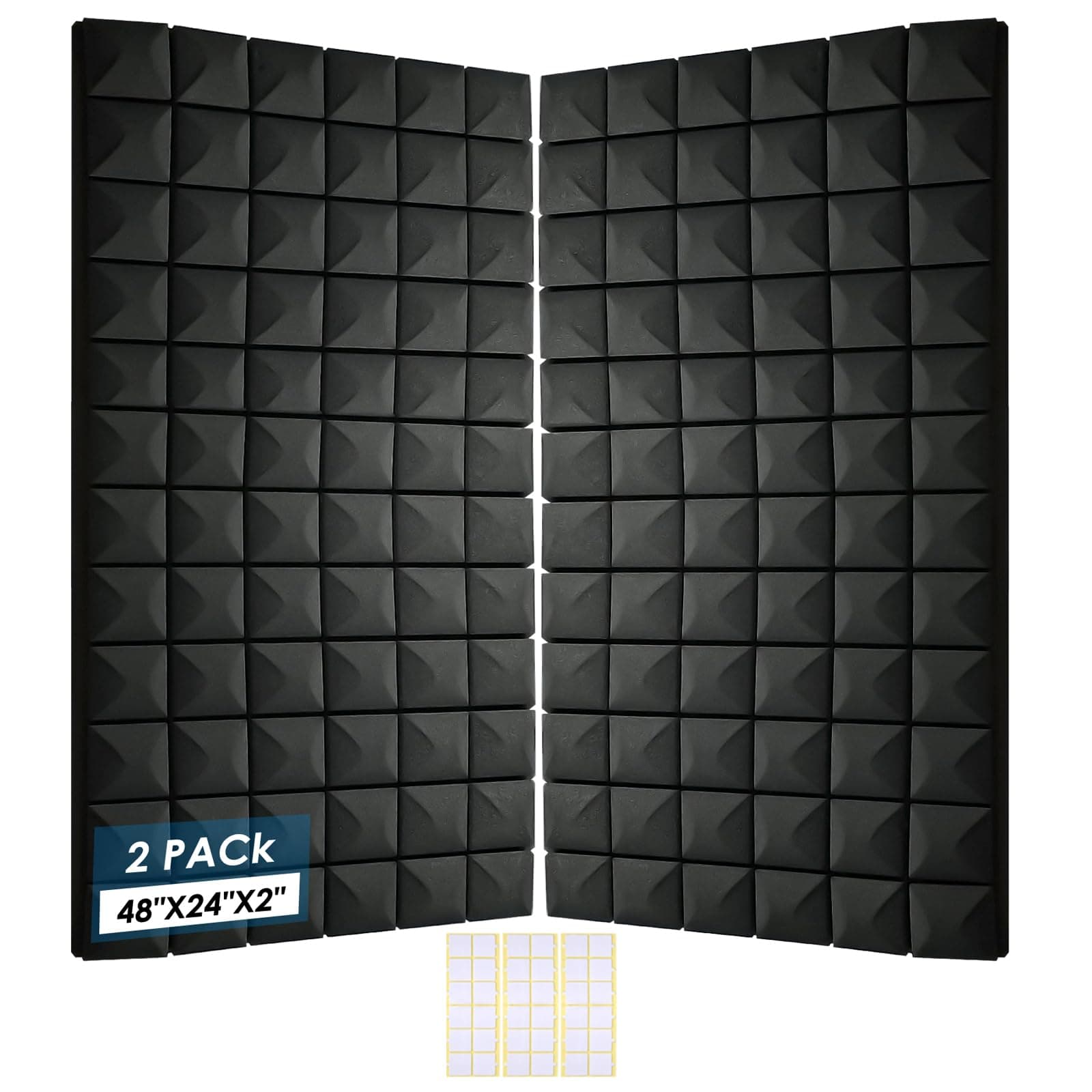 2 Pack Acoustic Panels, 48 x 24 x 2" Sound Proof Foam High Density Studio Wedge Tiles Fire Resistant Acoustic Panels for Home,Office, Recording Room, Studio (Black-2 Pack)