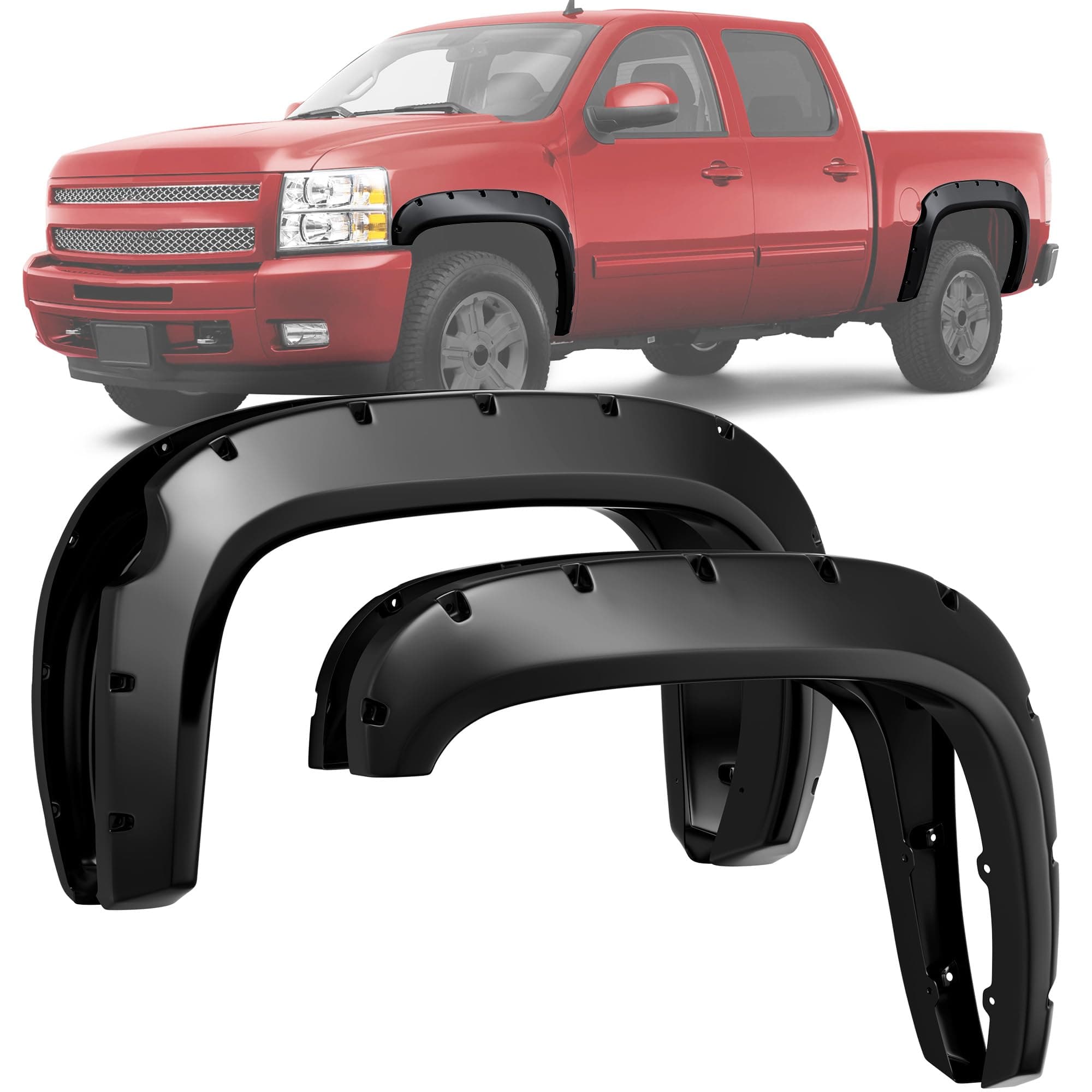 Fender Flares Kit Compatible for 2007-2013 Chevy Silverado 1500 (Only Fit 5.8 Feet Short Bed), Textured Matte Black Finish Front Rear Wheel Pocket Rivet Style