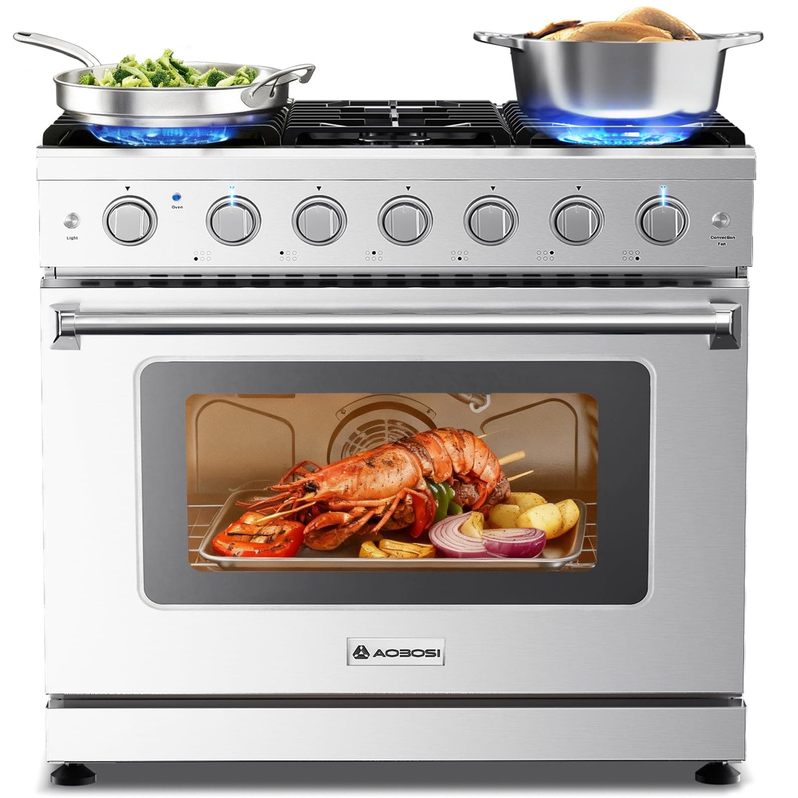 AAOBOSI Upgrade 36 Inch Front Control Gas Range Oven with 6 Cooktop Burners, 6 Cu. Ft 18000 BTU Convection and Self Clean, Freestanding Heavy Duty Gas Range Stove with Halogen Light,Large Capacity