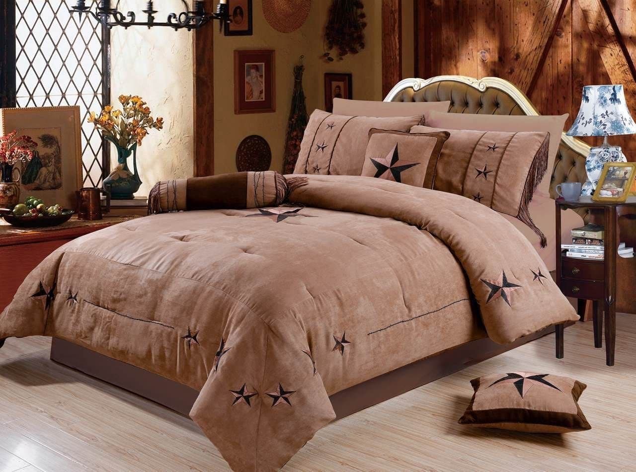 Rustic 7 Piece Luxury Beautiful Embroidery Western Texas Lone Star Lodge Oversize Micro Suede Comforter Set Light Dark Brown Bedding Set (King)