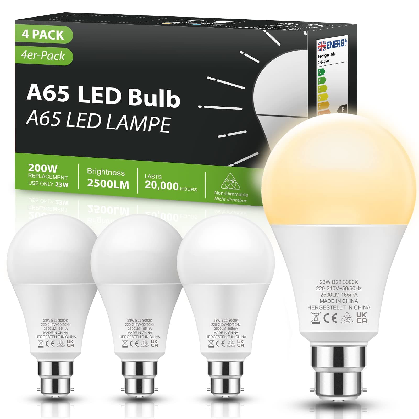 Techgomade Bayonet Light Bulb, B22 LED Bulb, 200W Equivalent, 23W 2500LM Super Bright Light with 3000K Warm White, Non-dimmable, Pack of 4 [Energy Class F]