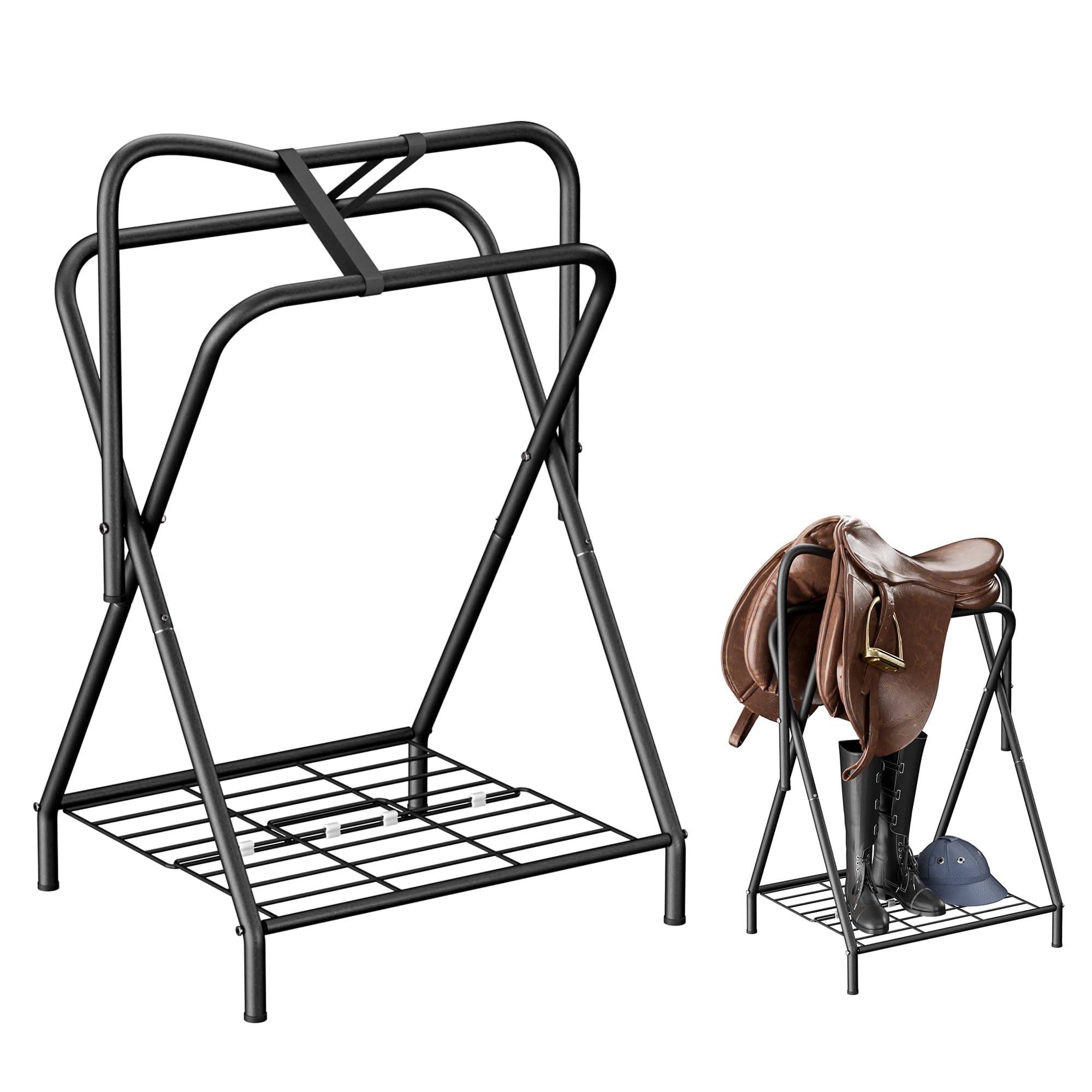 Dunatou Saddle Rack Freestanding Saddle Stand Foldable Horse Saddle Storage Rack Full Size Saddle Pad Rack Horse Blanket Holder Heavy Duty Saddle Holder for English and Western Horse Saddles, Black