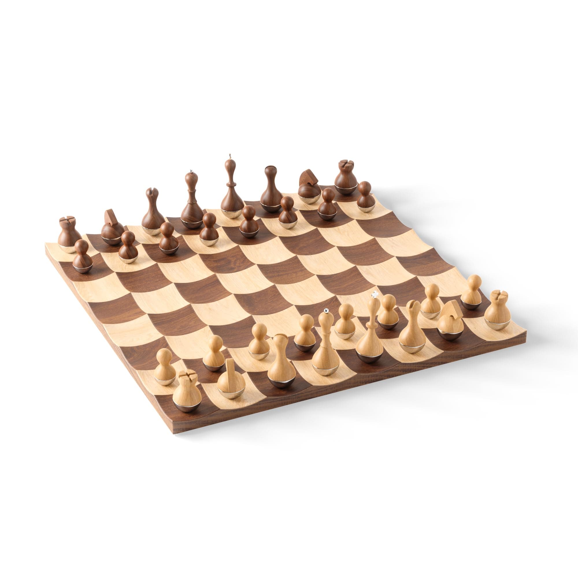Umbra Wobble Chess Set Game – Fun, Wobbling Pieces Play On Real Walnut and Maple Wood Board – A Design for a Classic – Measures 15" x 15" x 1" (38 x 38 x 3 cm)