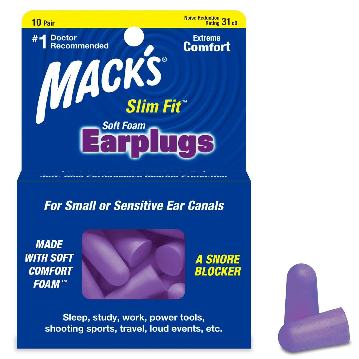Slim Fit Soft Foam Earplugs, 10 Pair - Small Ear Plugs for Sleeping, Snoring, Traveling, Concerts, Shooting Sports & Power Tools | Made in USA
