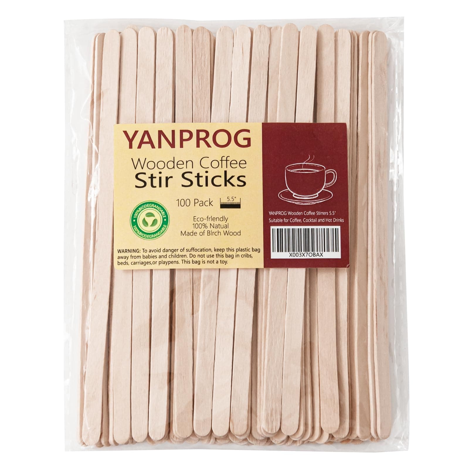 YANPROG Wooden Coffee Stirrers 5.5" Coffee Stir Sticks 100 Pcs, Natural Birch Round End Thick Birch Wood Eco-Friendly， Suitable for Coffee, Cocktail and Hot Drinks