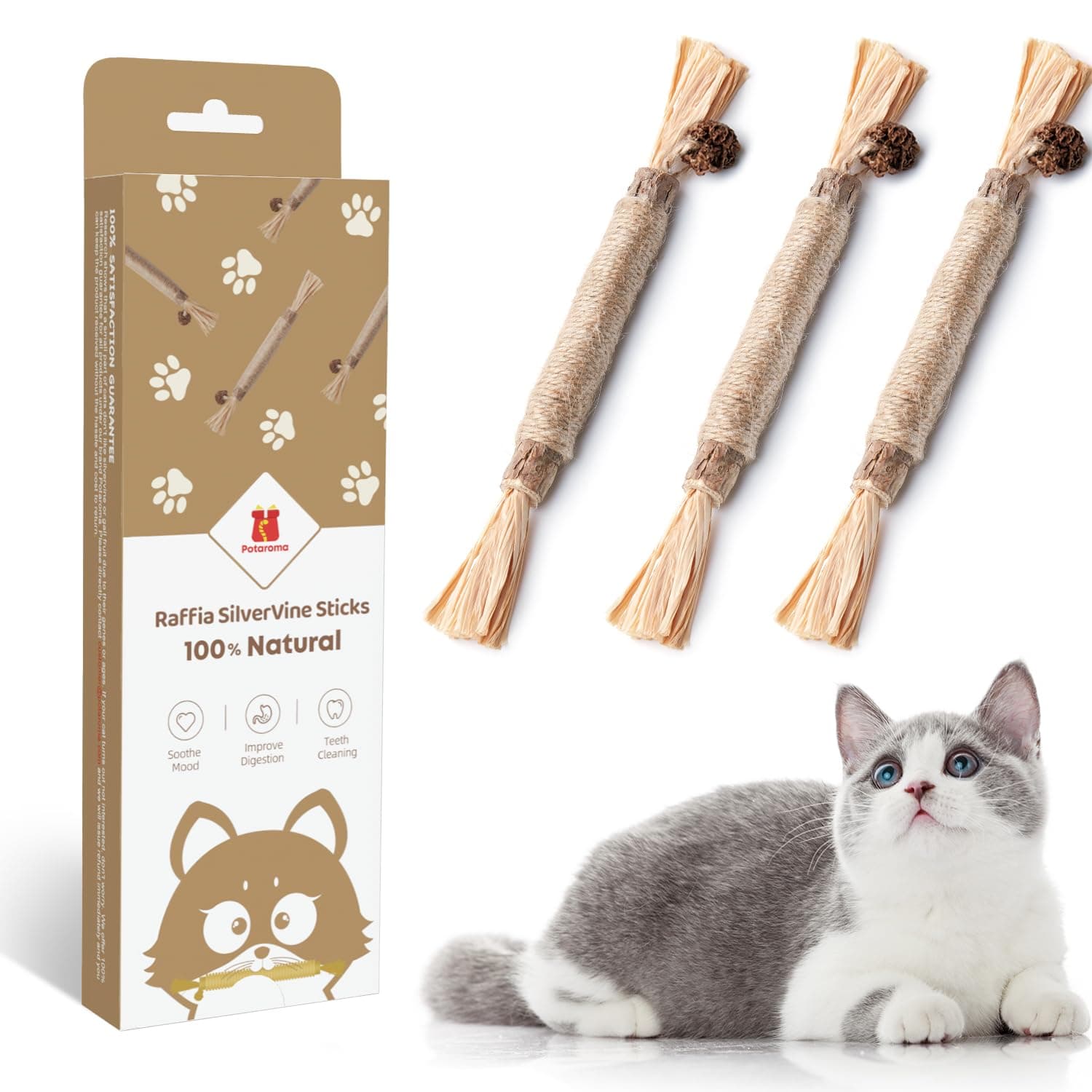 Potaroma 3 Pack Natural Silvervine Sticks Cat Toys, Catmint Silvervine Blend Sticks, Catnip Cat Chew Toys for Kittens Teeth Cleaning, Matatabi Dental Care Cat Treat , Edible Kitty Toys for Cats Lick