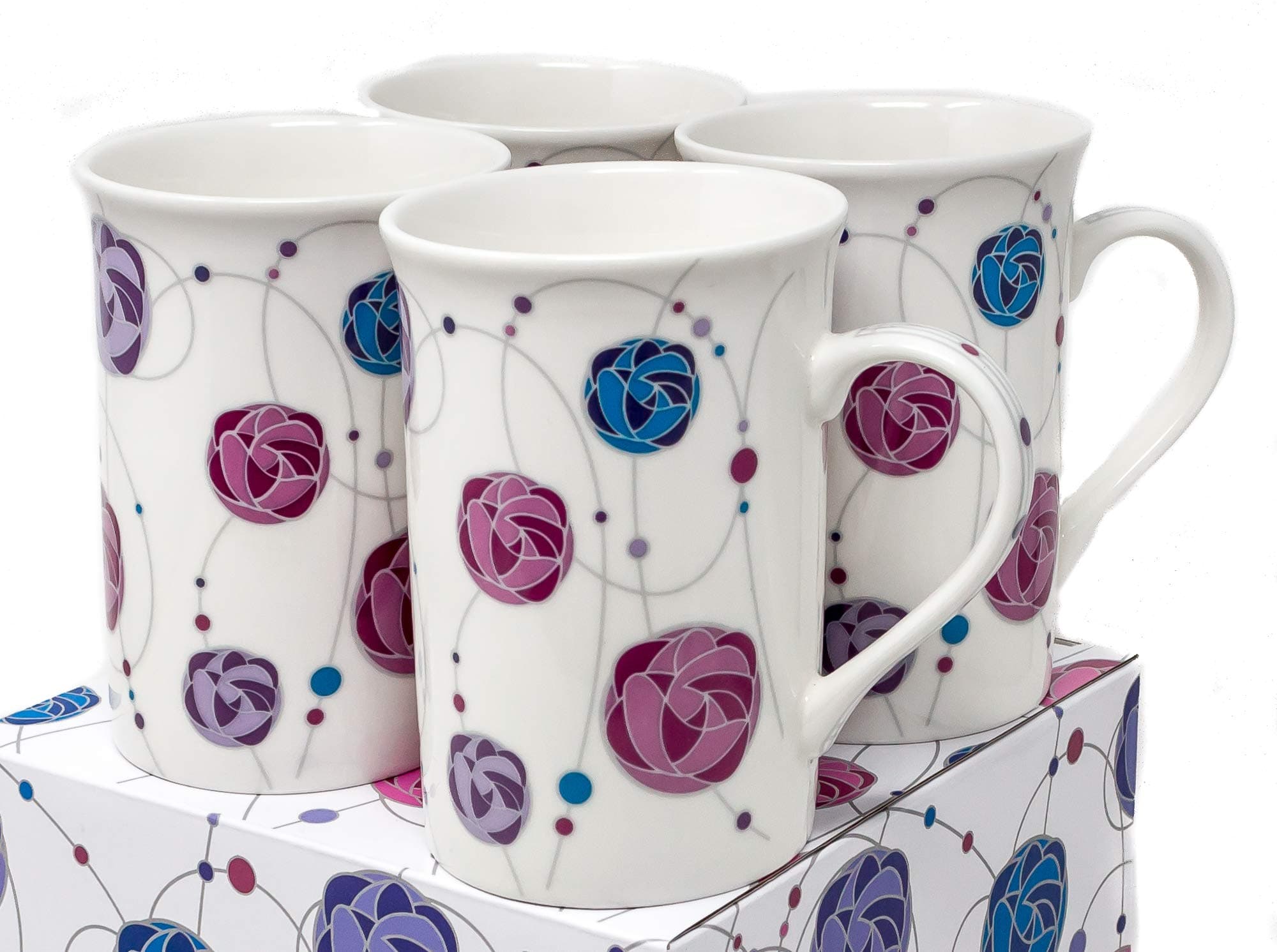 Giftboxed Set of 4 Matching China Mugs with Rennie Mackintosh Rose Inspired Design - by Yorkshire Giftware Limited