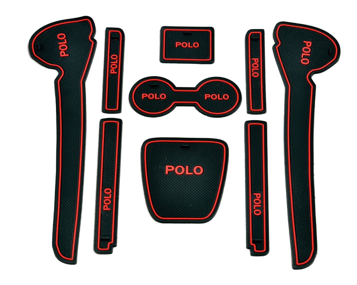 The Mat Store® | Door Cup Mats for Volkswagen Polo, Premium Sporty Interior Car Accessories, Custom Fit Set of 9 Pieces (Red Trim)
