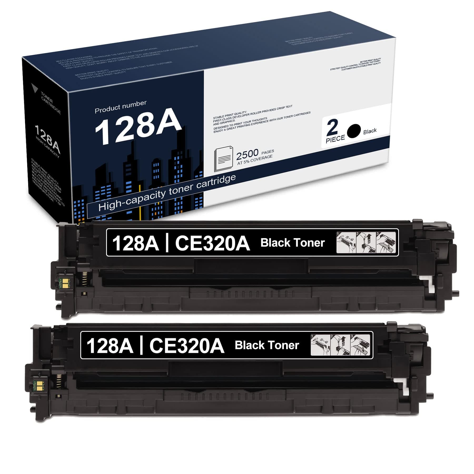 2 Pack Compatible 128A | CE320A High-Yield Black Toner Cartridge Replacement for HP CP1525n CP1525nw CM1415fn MFP CM1415fnw Printers