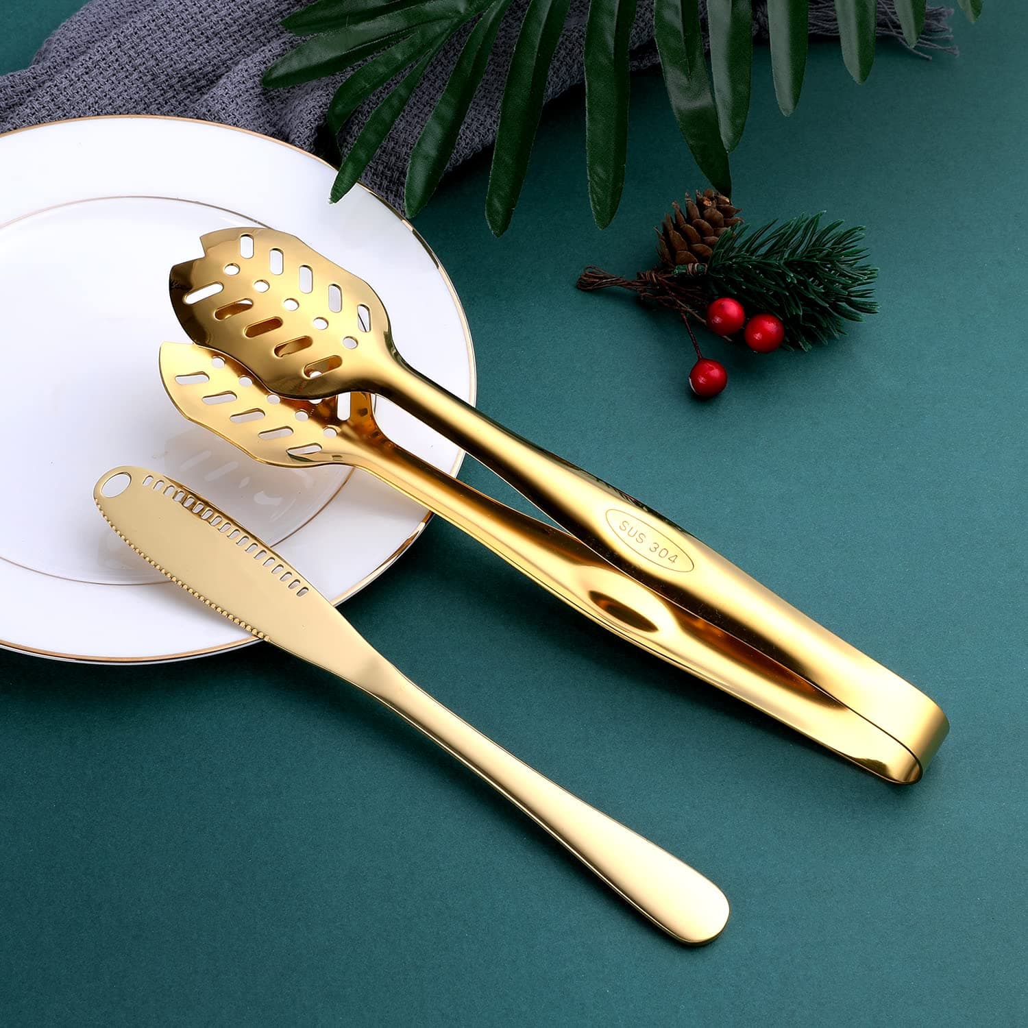 OGORI Gold Serving Utensils, 8-Piece Polished Stainless Steel Flatware Silverware Set Include Serving Spoon, Slotted Spoon, Soup Spoon, Cake Server, Fork, Salad Fork, Butter Knife, Serving Tong