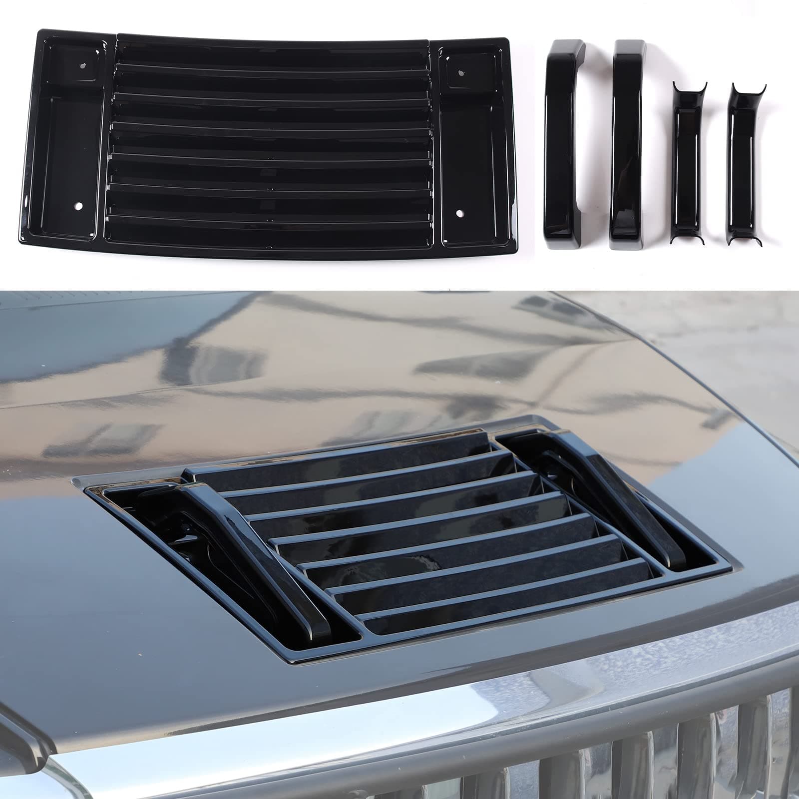 Lcojicep Hood Deck Vent Panel Covers Trim Moulding Compatible with Hummer 2003-2009 H2 Front Hood Vent Louver Cover, Front Hood Grille Trim (Hood Vent Panel & Handle Kit, Piano Black)