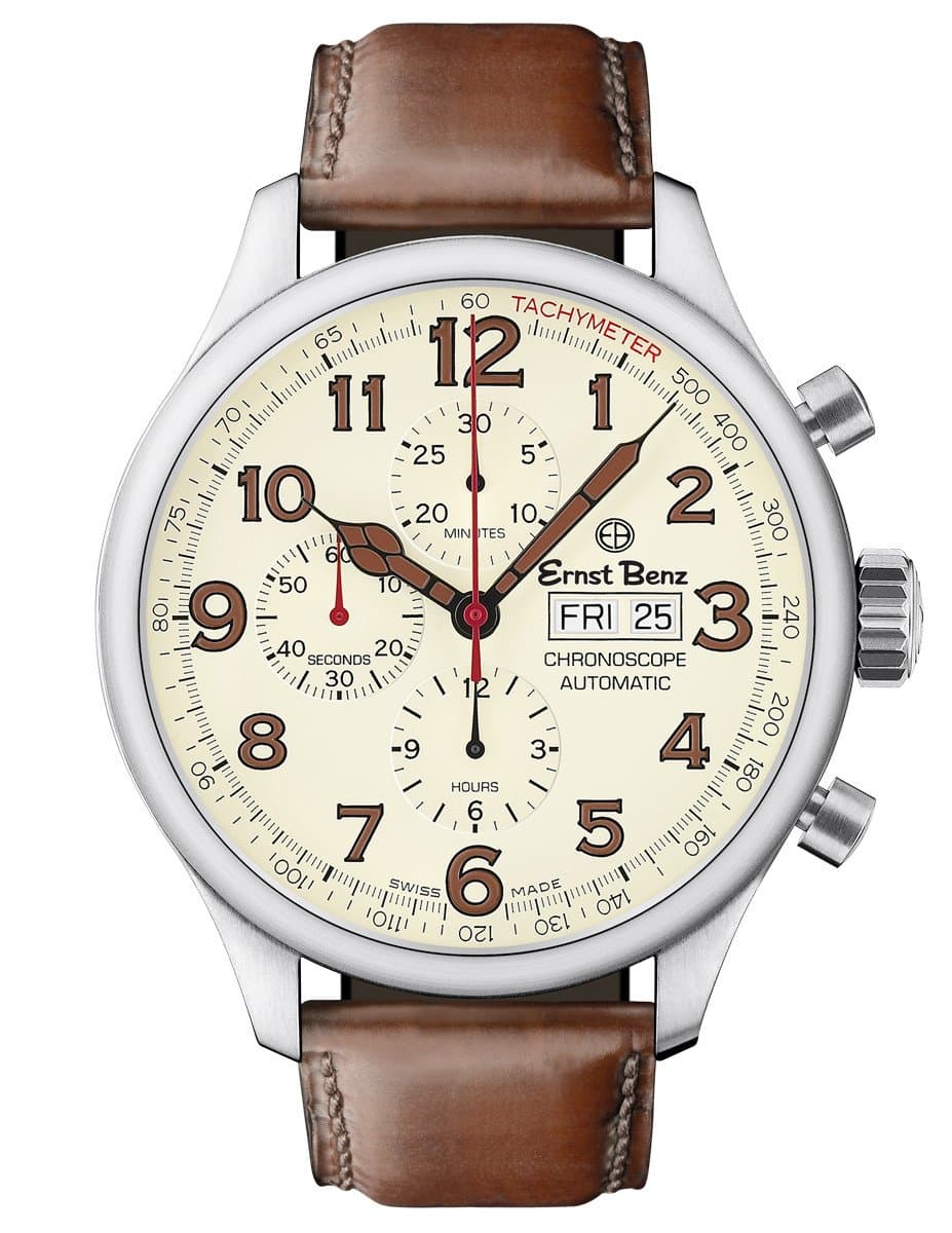 Automatic 47mm Parchment Dial Brown Leather Watch by Ernst Benz