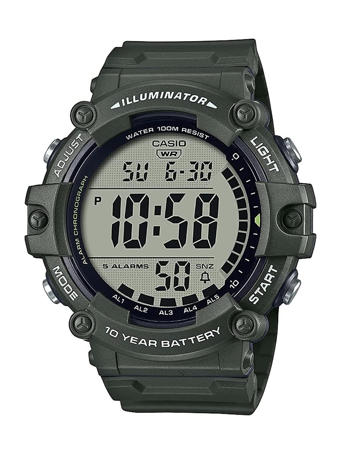 Illuminator AE1500WH Series | 10-Year Battery | LED Backlight | 5-Alarms | 1/100 Sec Stopwatch | Men's Digital Watch