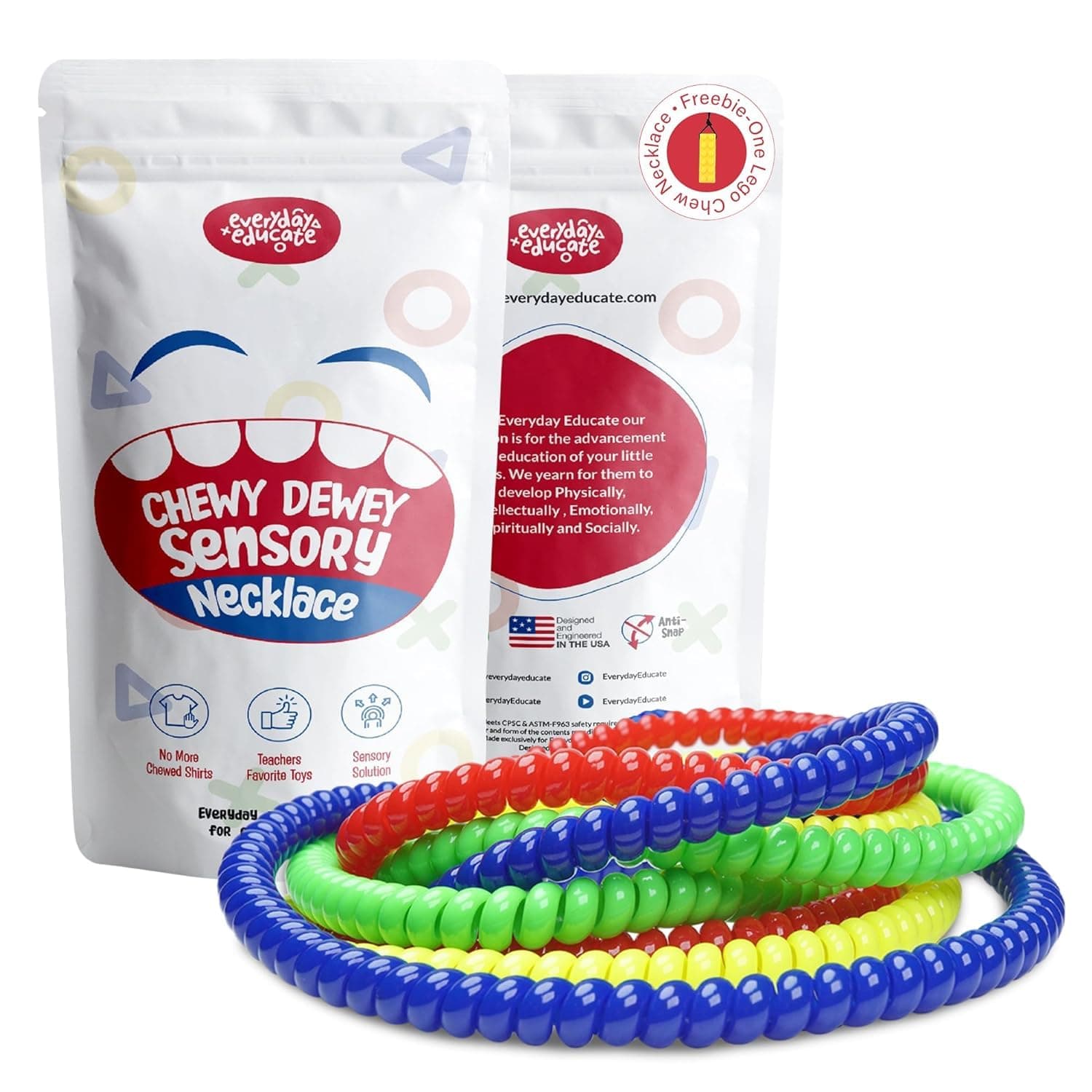 Durable Sensory Chew Necklace for Kids - BPA Free, Food-Grade Silicone Chewing Necklace for Autism and ADHD - Oral Motor Teething Toys, Fidget Necklace for Boys and Girls, Sensory Chewy Dewey (8 Pack)