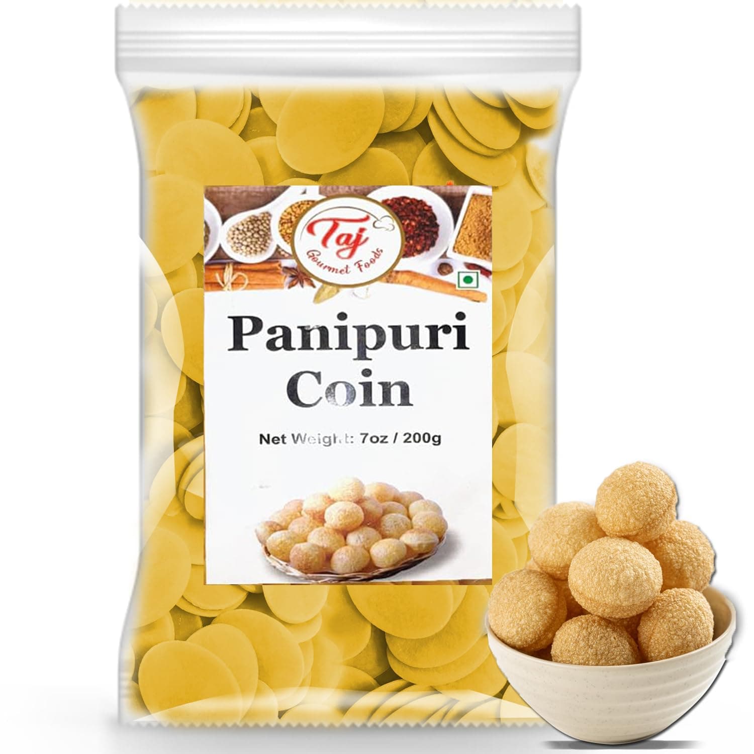 TAJ Pani Puri Coins | Flat Puri | Uncooked | Microwaveable | 7oz (200g)