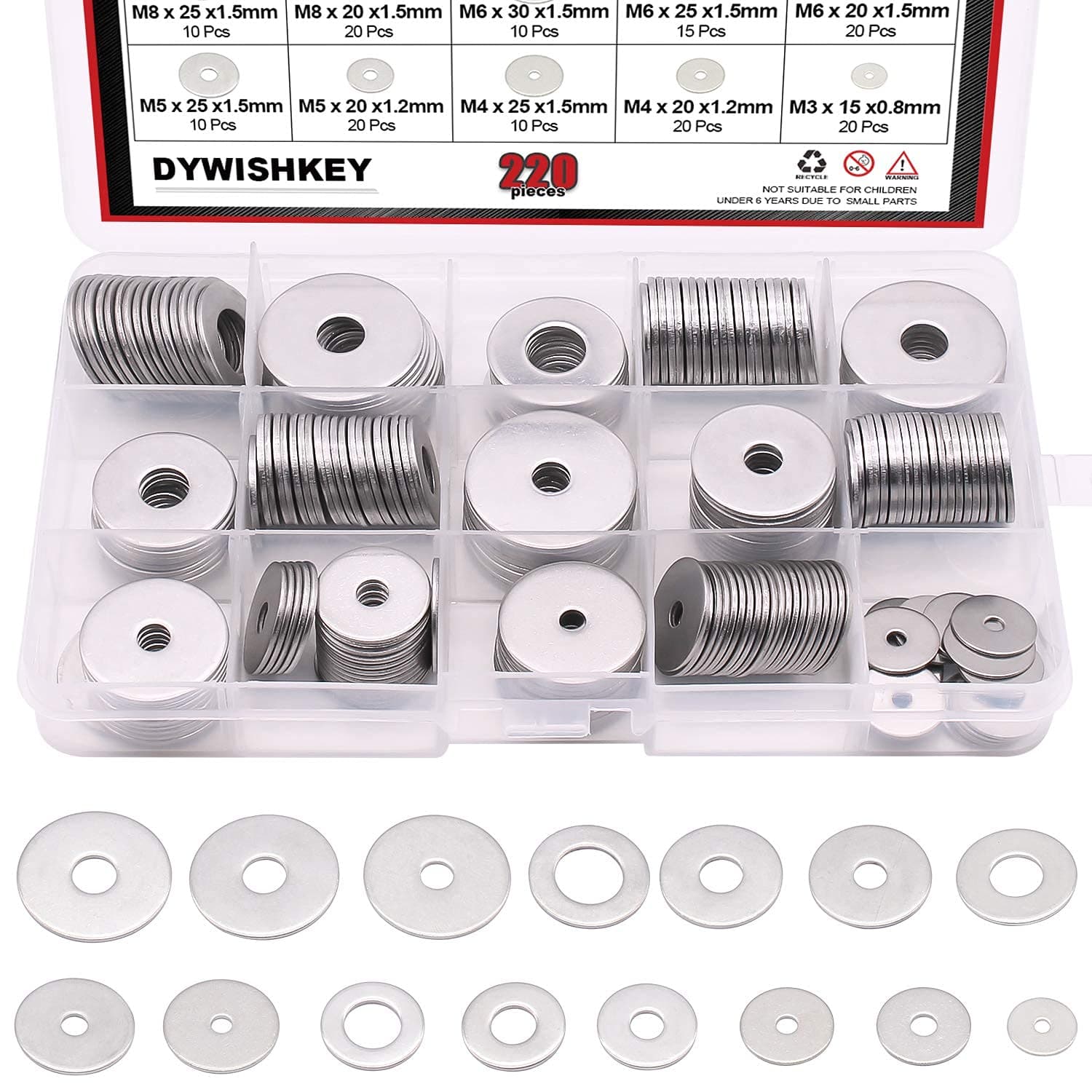 DYWISHKEY220Pieces 15 Sizes Large Fender Washer Assortment Kit, 304 Stainless Steel (M3 M4 M5 M6 M8 M10 M12)