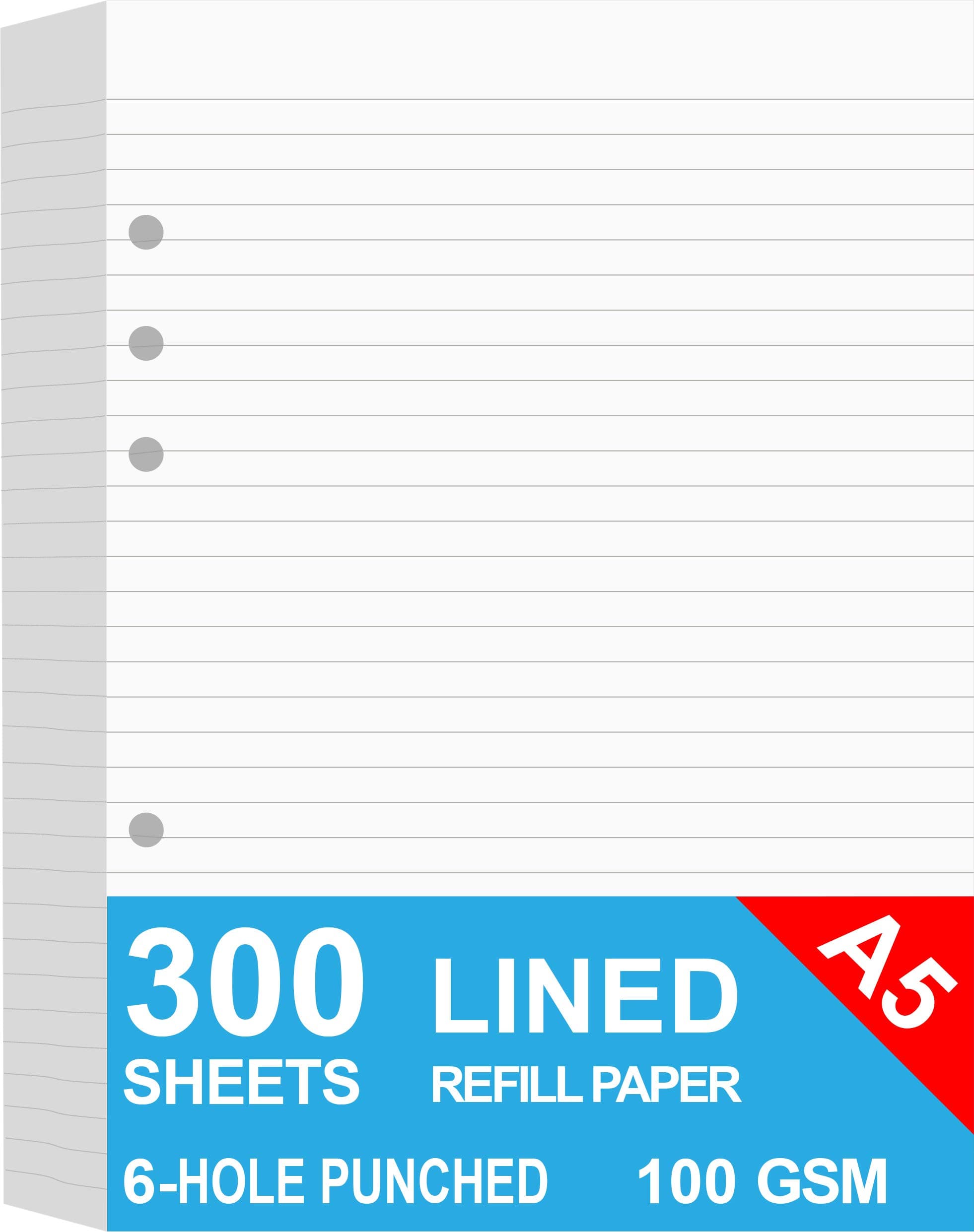 (3-Pack) A5 Lined Refills Paper for Filofax Planner/Binders/Organizer, 6 Hole Punched Loose Leaf Paper, Total 300 Sheets/600 Pages, 100gsm, White, 148 x 210mm