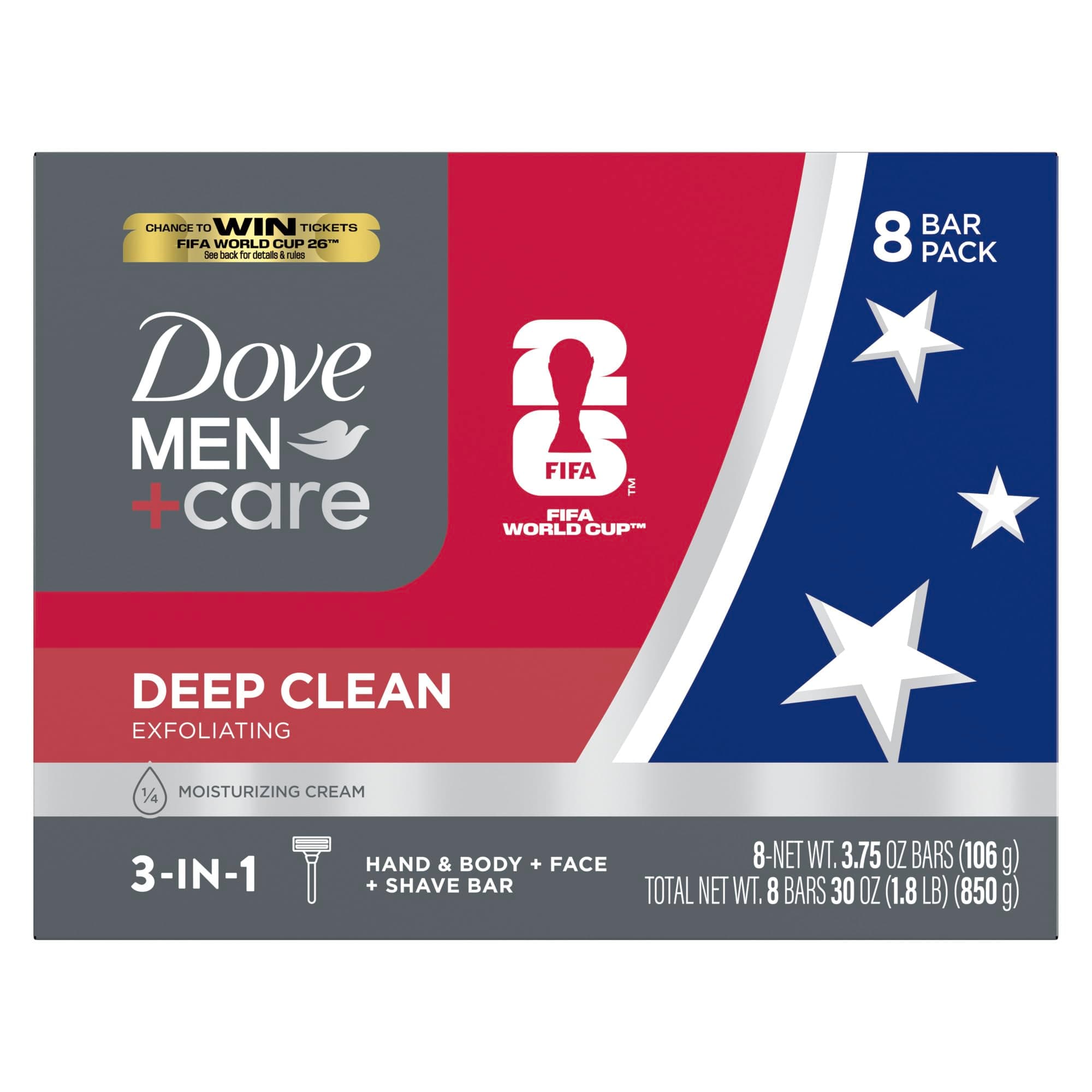 Dove Men+Care Body and Face Bar, Deep Clean 4 oz, 8 Bar