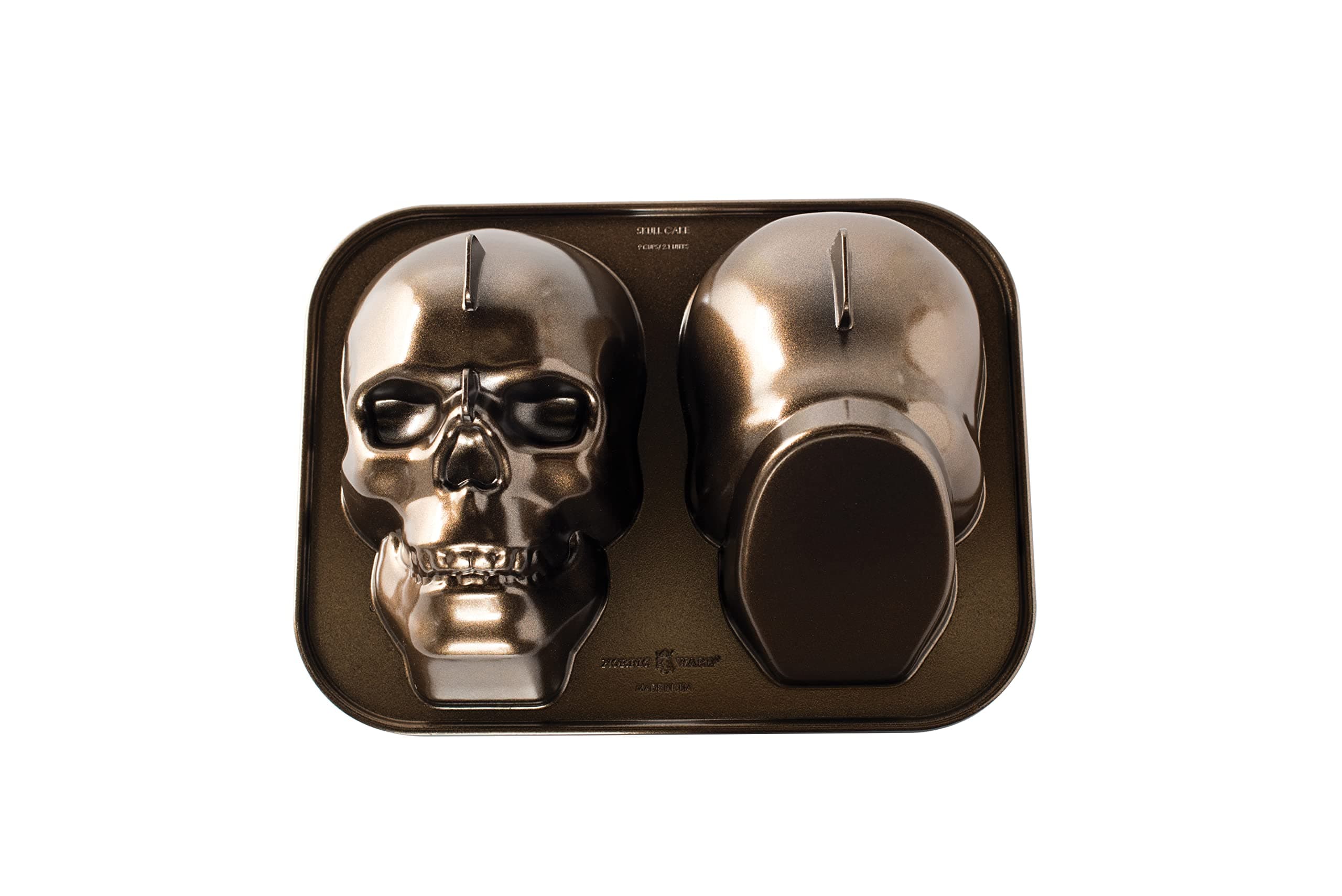 Nordic Ware Haunted Skull Cake Pan, 3D Cast Aluminium Bundt Tin, Bundt Cake Tin with Skull Pattern, Premium Cake Mould Made in The USA, Colour: Bronze, 88448