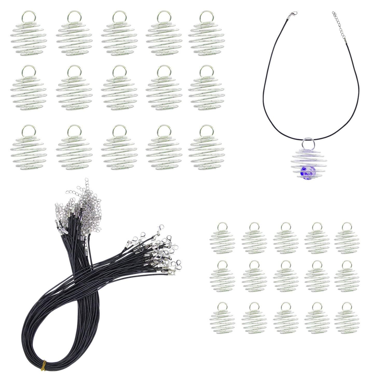 30 Pieces Silver Plated Spiral Bead Cages Pendants with 30 Pieces Waxed Necklace Cord with Clasp