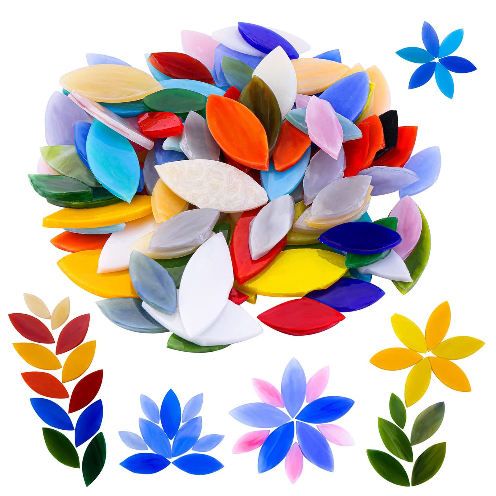 Yoption 100 Pieces Petal Mosaic Tiles, Hand-Cut Stained Glass Flower Leaves Tiles for Art Craft and Home Decorations