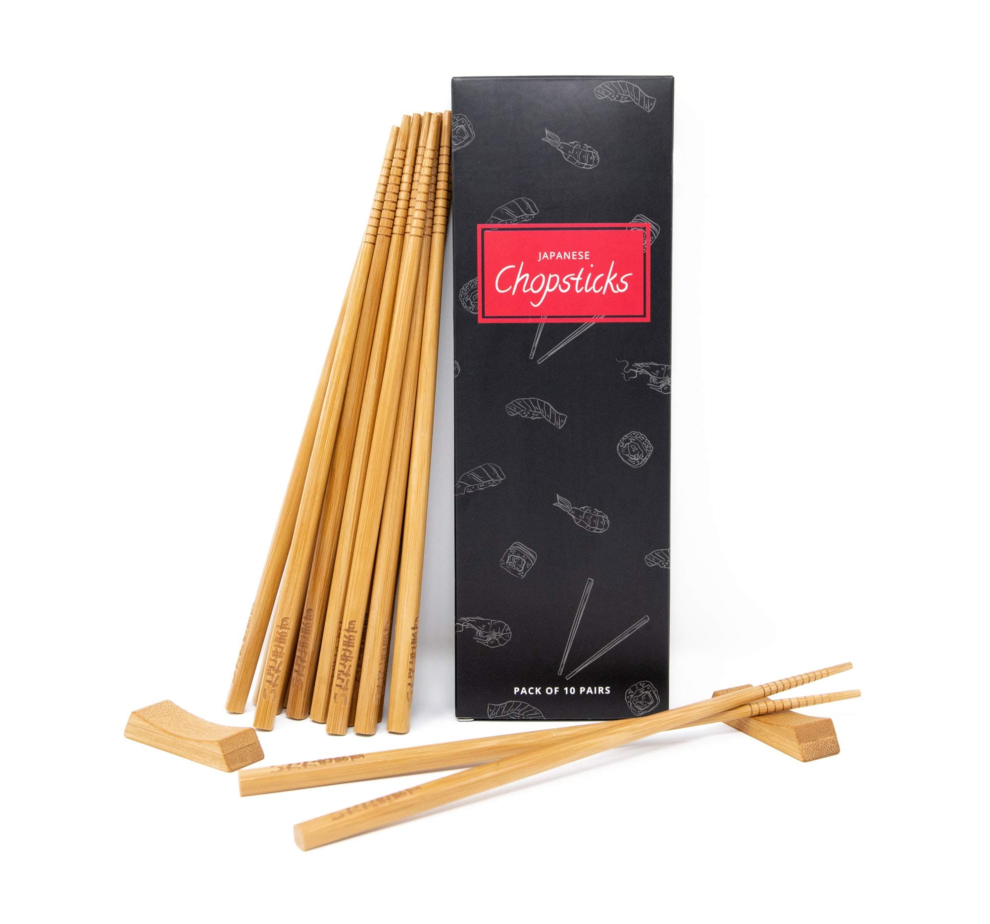 Reusable Chopsticks Set of 10 Bamboo Pairs with 2 Chopstick Rests
