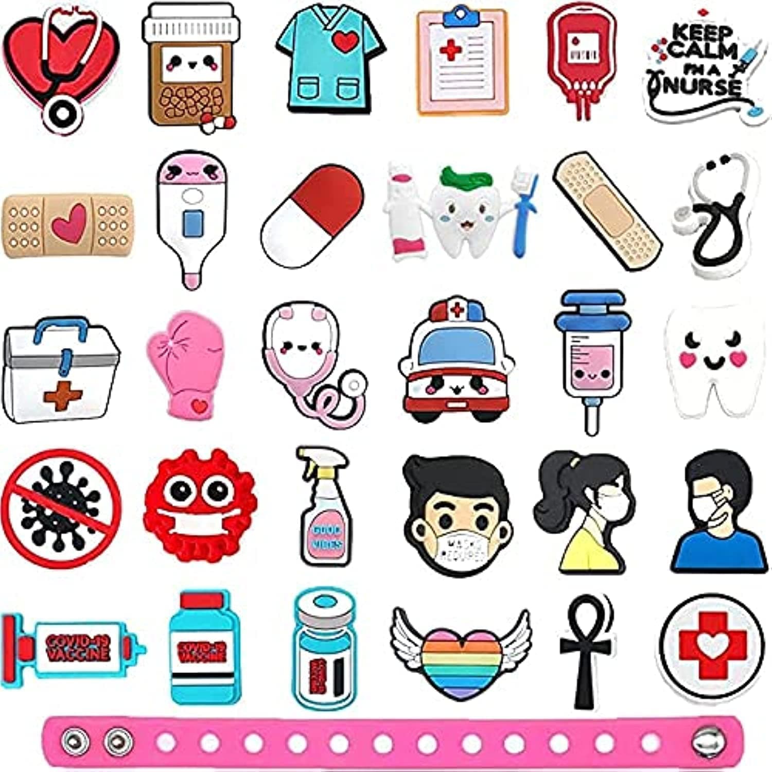 30 PCS Medical Combination Cute Shoe Charms with 1PCS Wristband Bracelet Fits for Kids Clog Sandals Croc Charms Decoration Nurse Shoes Accessories Party Favors Birthday Gifts