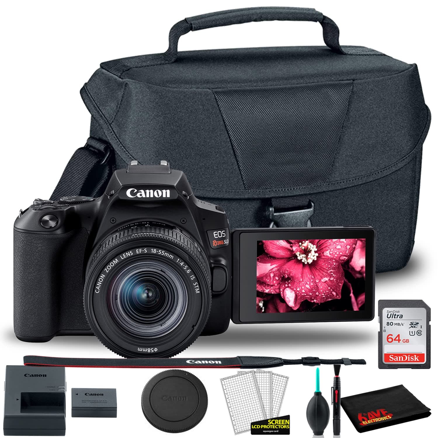 Canon EOS Rebel SL3 DSLR Camera with 18-55mm Lens (Black) + EOS Bag + Sandisk Ultra 64GB Card + Cleaning Set and More