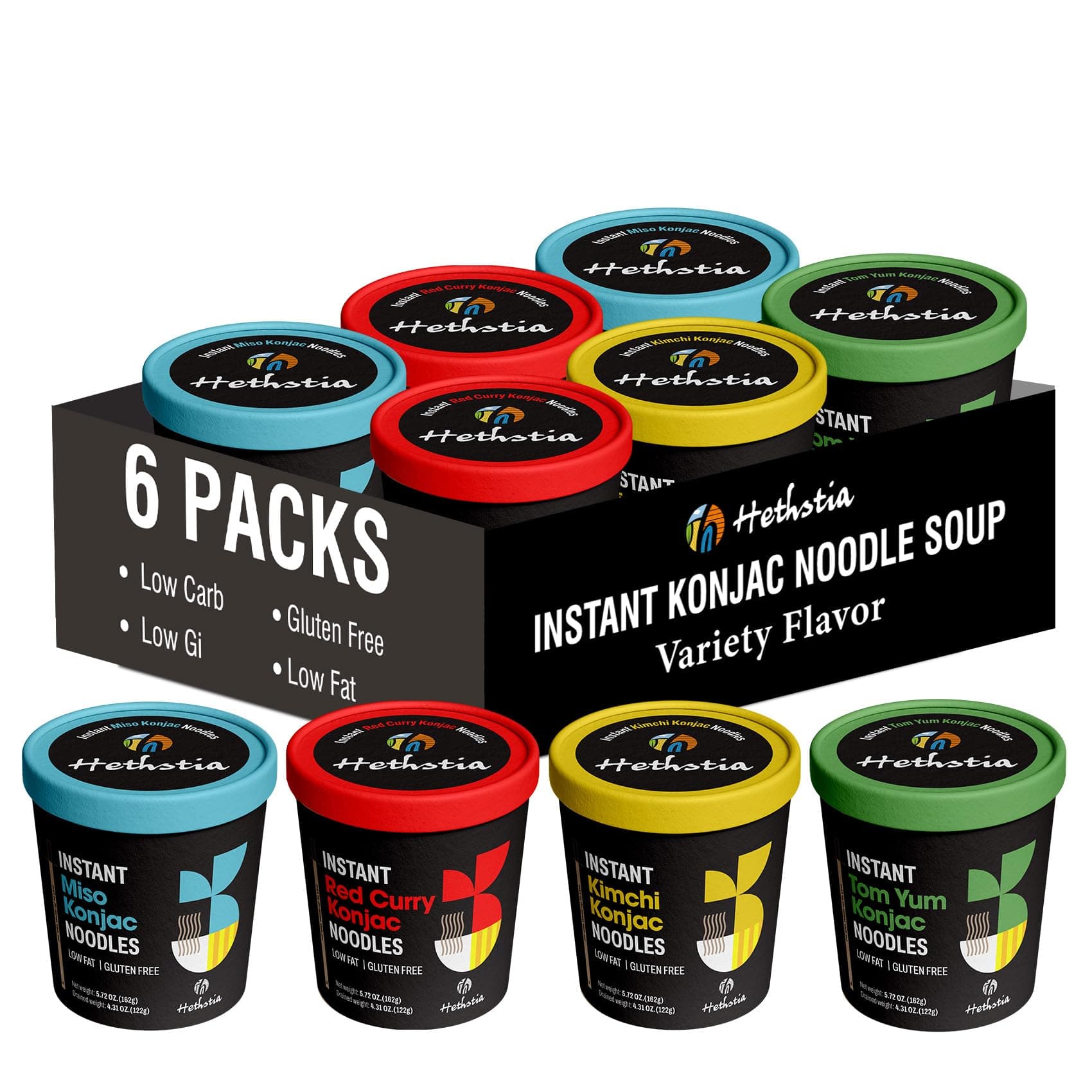 Hethstia Konjac Noodle, 6-Pack Instant Shirataki Noodle Soup Cups Variety Flavor(Spicy Red Curry, Miso, Kimchi, Tom Yum) - Low-Carb, Gluten-Free, Vegan Konjac Angel Hair Pasta Soup