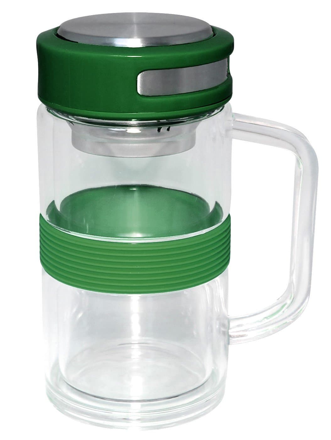 Double Wall Borosilicate Glass Mug with Stainless Steel Strainer and Silicone Band, Hunter Green, 11 oz
