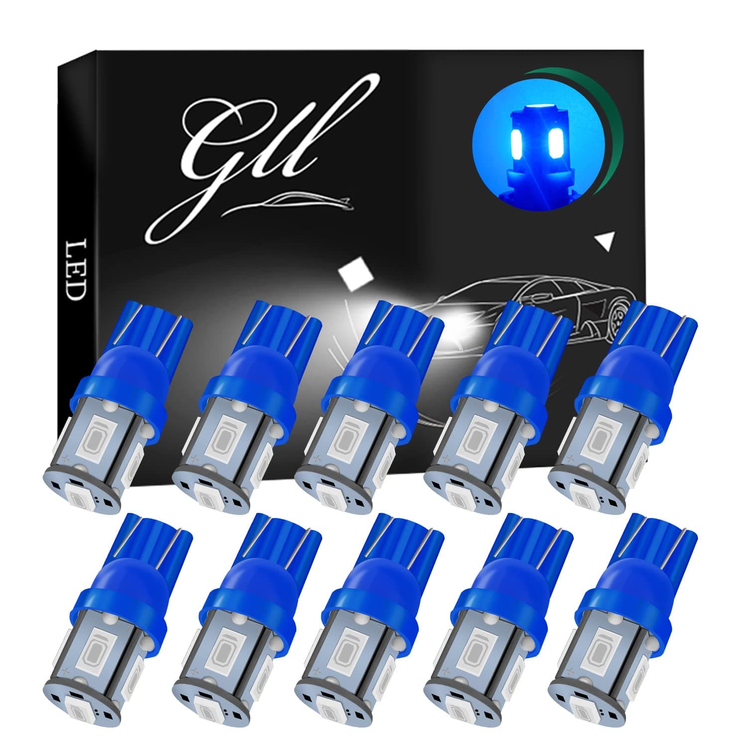 GrandView GLL 10pcs T10 501 LED Bulbs Blue W5W T10 LED Bulbs 5630 5SMD for Car Interior Lights, Reading Lights, Number Plate Lights, Dome Lights, Side Lights