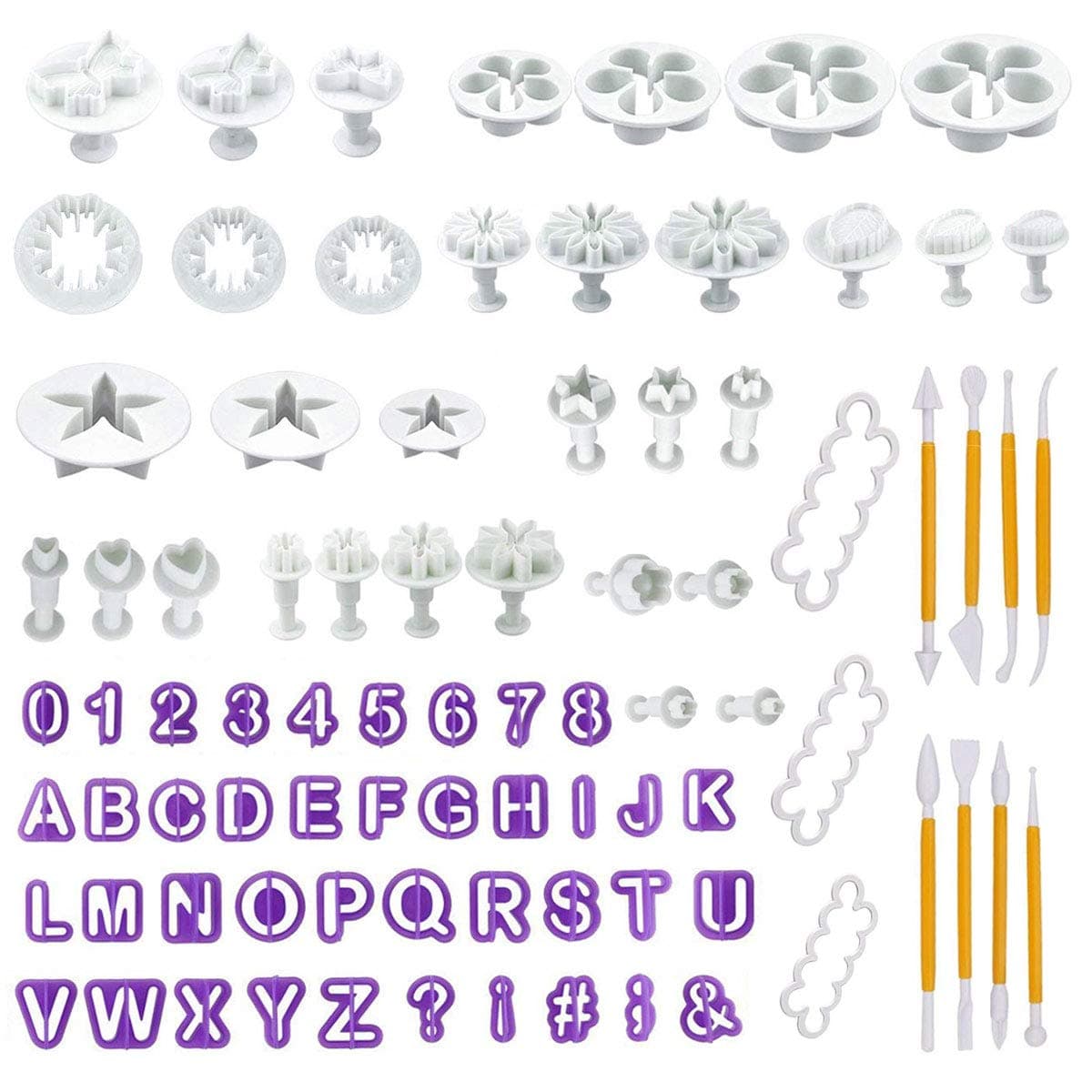 LUUFAN 84 Pcs Cake Decorating Tools Fondant Cutter Tools Set, DIY Sugarcraft Icing Cutters Rose Flower Alphanumeric Characters Moulds Set for Fondant, Almond Sugar, Syrup Biscuits, Chocolate
