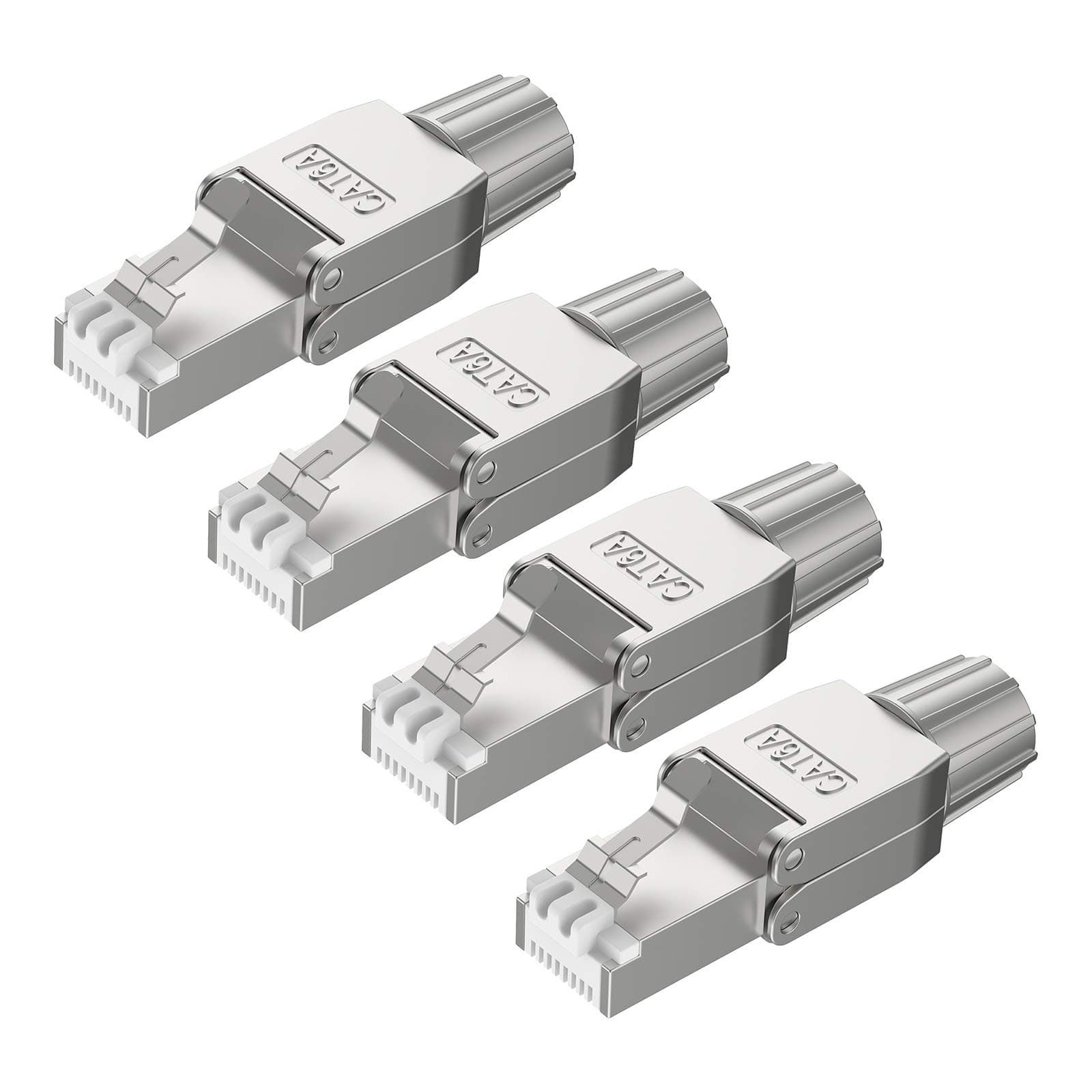 RJ45 Cat6A Connectors 4-Pack, Tool-Free Reusable Shielded Ethernet Termination Plugs for 22AWG to 24AWG STP Cable, 10G Easy Internet Plug, Fast Field Installation(Silver)