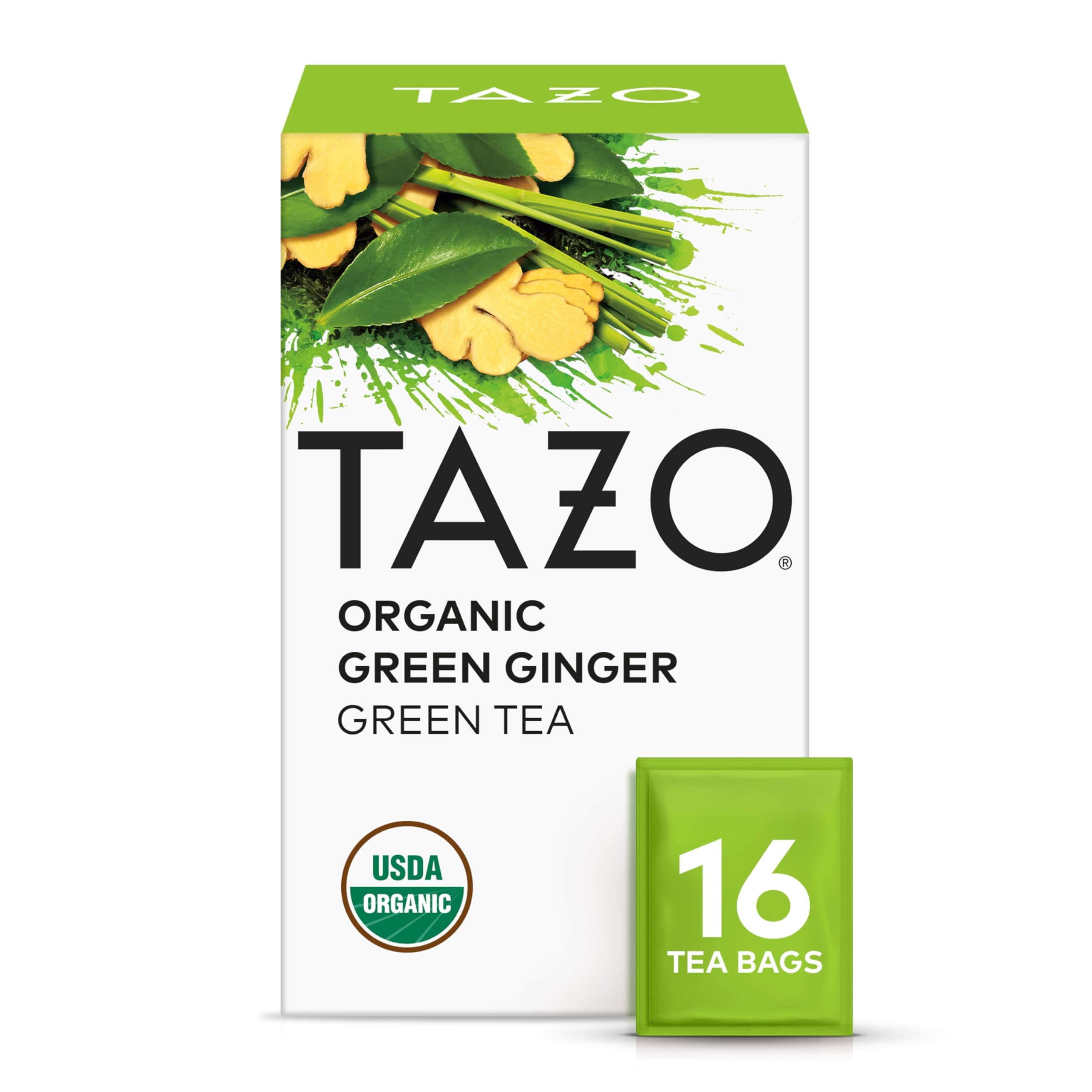 Organic Green Tea, Green Ginger, Caffeinated Tea, 16 Total Bags