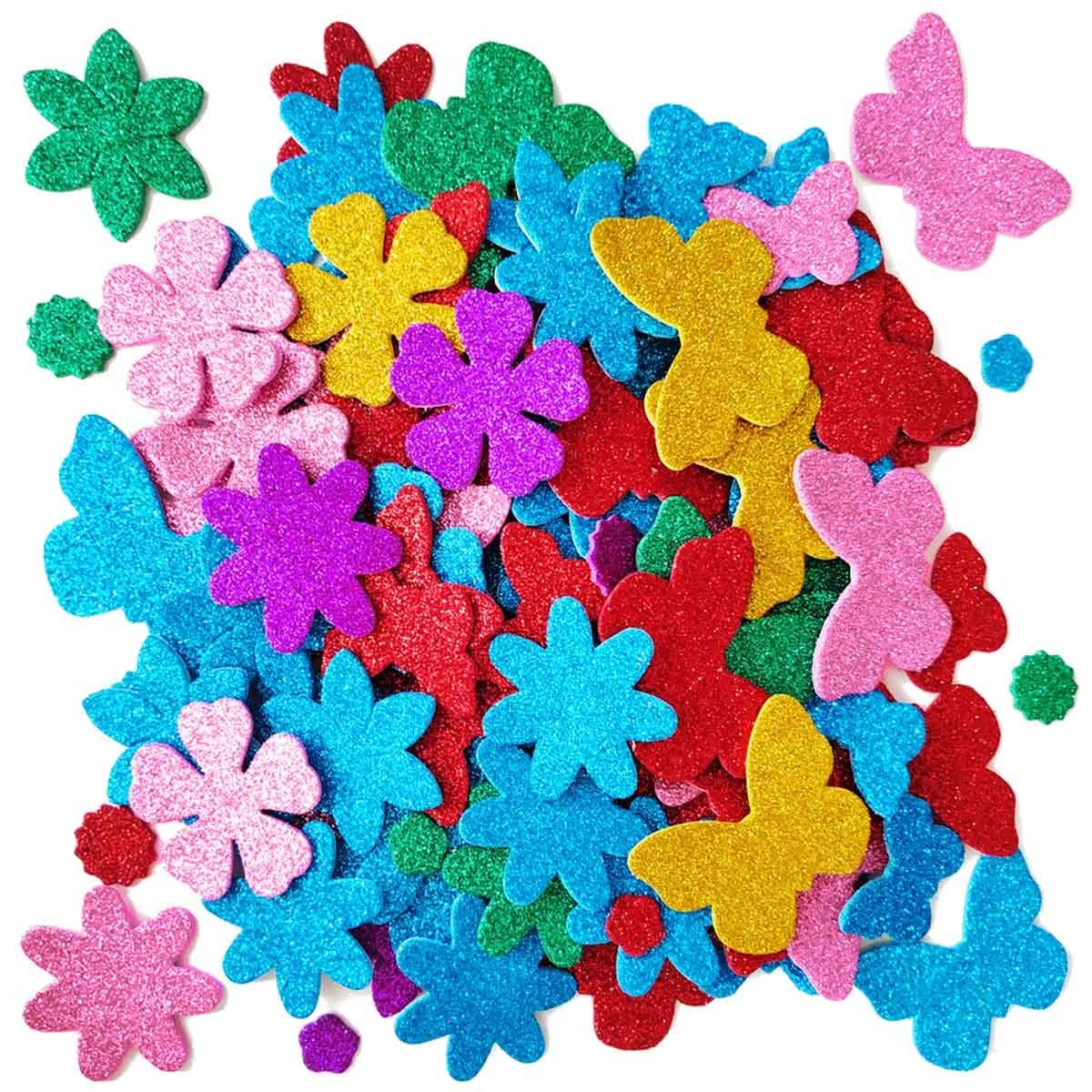 Glitter Foam Flower and Butterfly Shapes Stickers, Self-Adhesive Stickers Kid's Arts Crafts Supplies for Greeting Cards DIY Scrapbooking Cards Creative Toys Home Decoration (Random Colors)