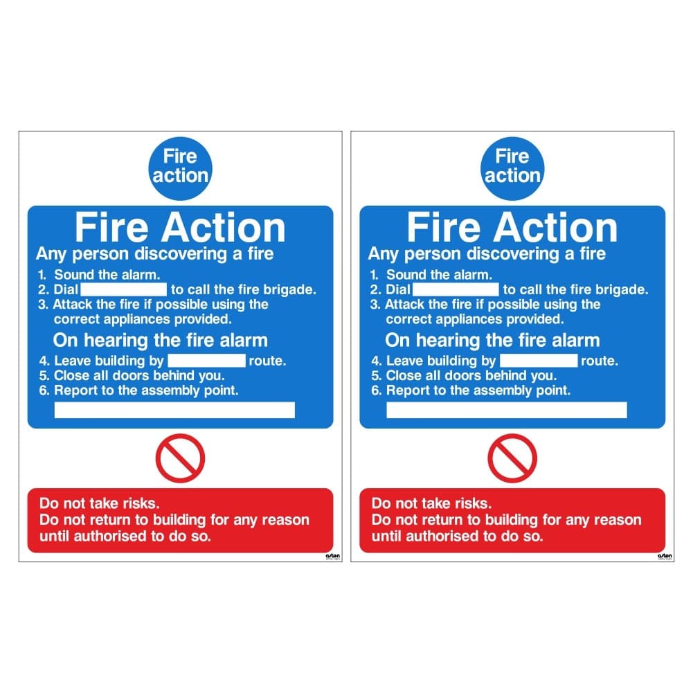 Pack of 2 x Fire Action Signs. Points to follow for any person discovering a fire. 150mm x 200mm (1mm Thick Rigid Plastic)