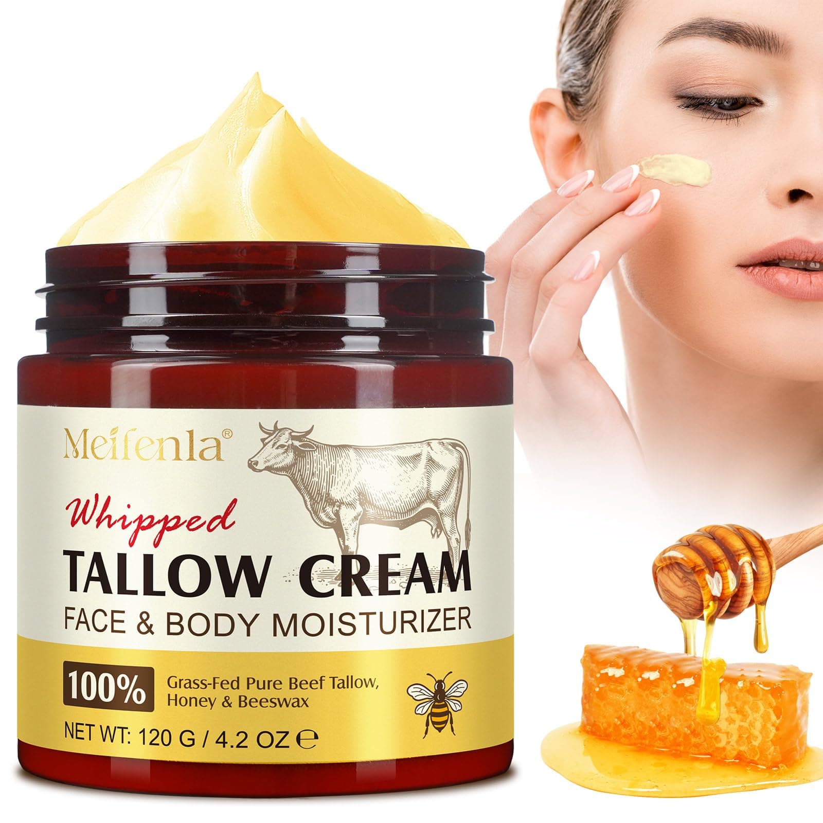 Beef Tallow for Skin, Tallow and Honey Cream Natural Tallow Face Moisturizer, Organic Moisturizing Beef Tallow Balm Deep Moisturizing for Face and Body Skin Care