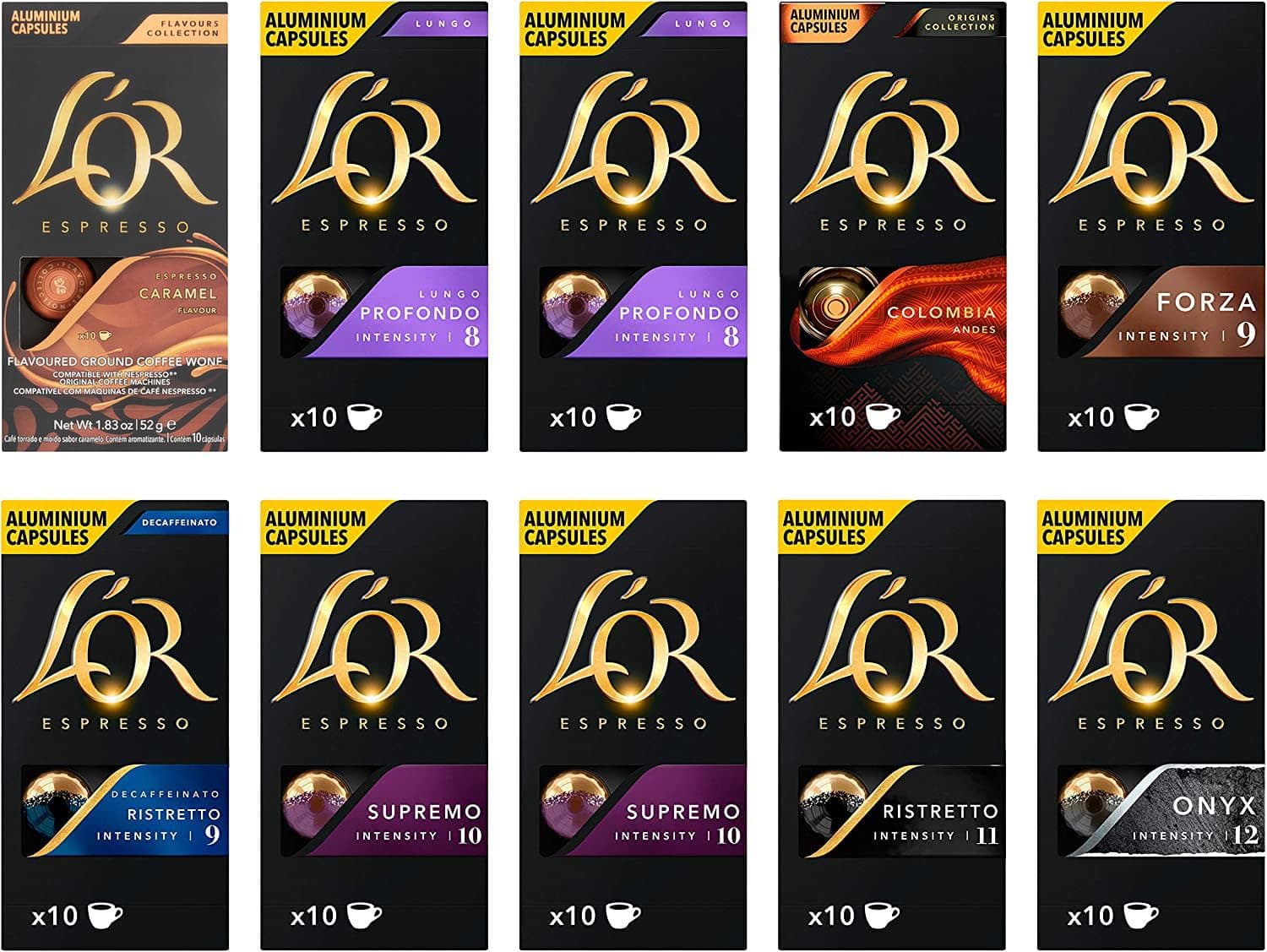 L'OR Espresso Variety Pack Nespresso Compatible Coffee Pods (Pack of 10, Total 100 Coffee Capsules)
