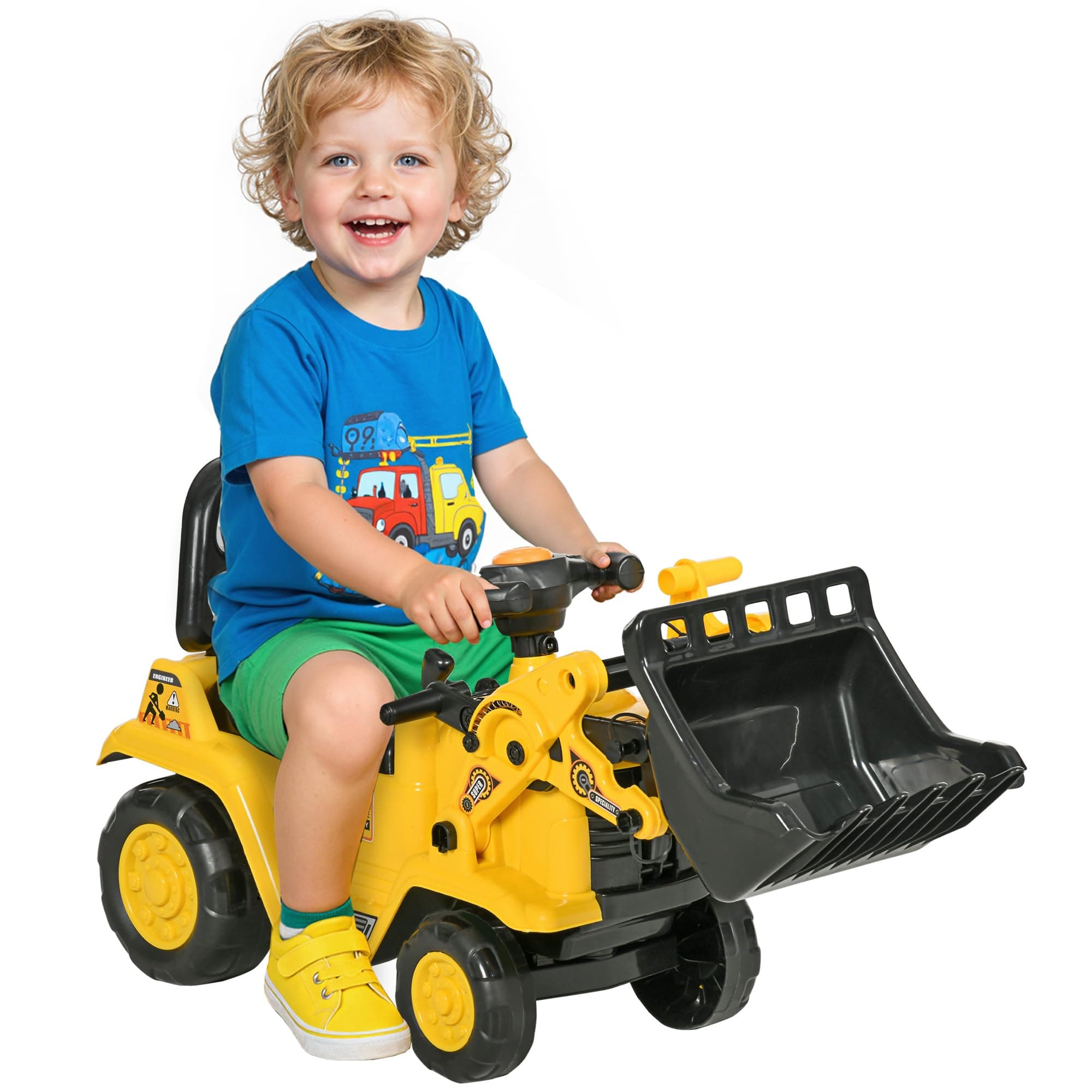 HOMCOM Ride On Excavator, Kids Bulldozer Pull Cart with Horn, Under Seat Storage, Sit and Scoot Pretend Play Toy Construction Car for Ages 18-48 Months