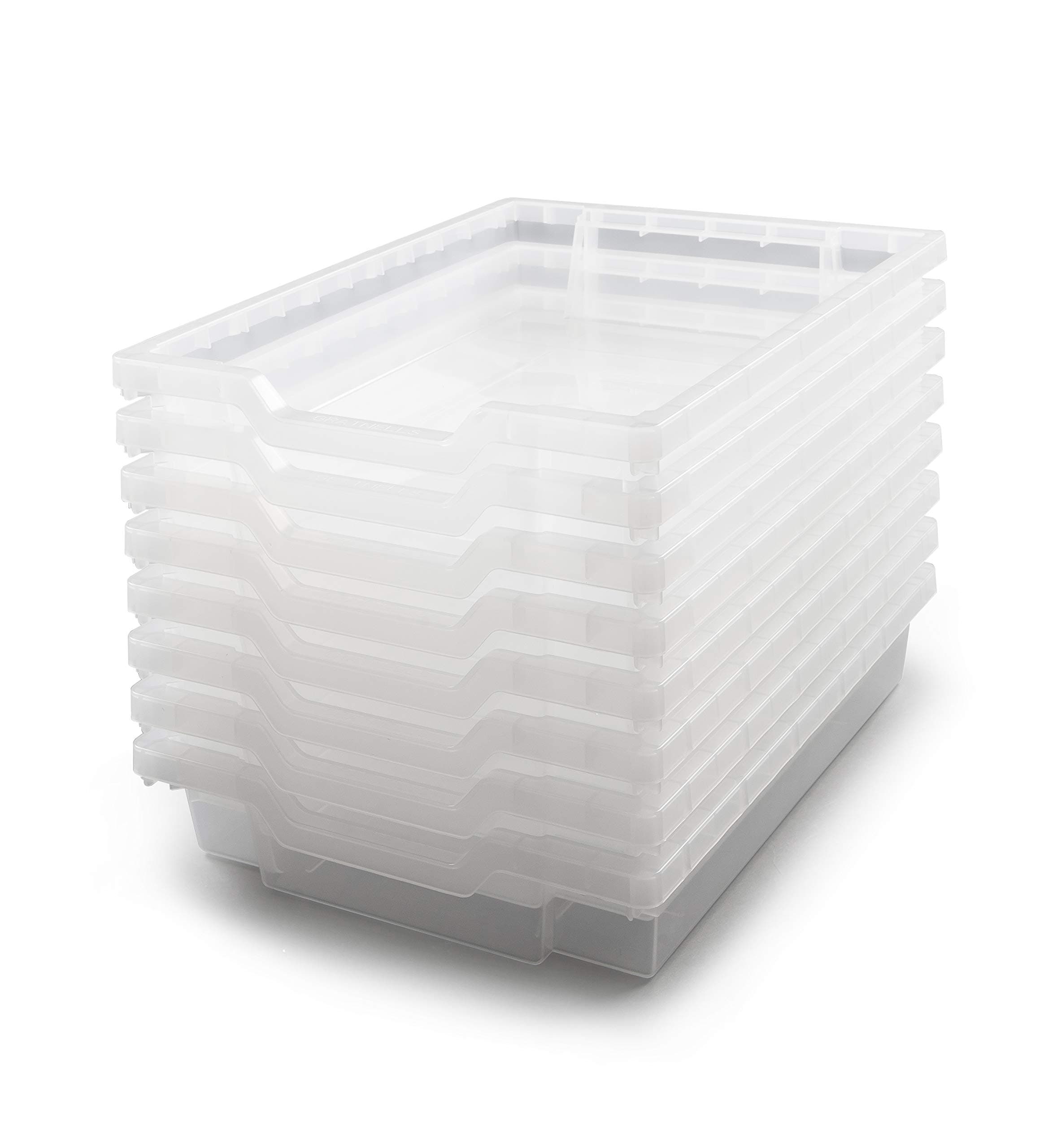 Shallow F1 Storage Tray, Pack of 8, Heavy Duty School, Industrial & Utility Storage Bins, 12.3" x 16.8" x 3" (Translucent)